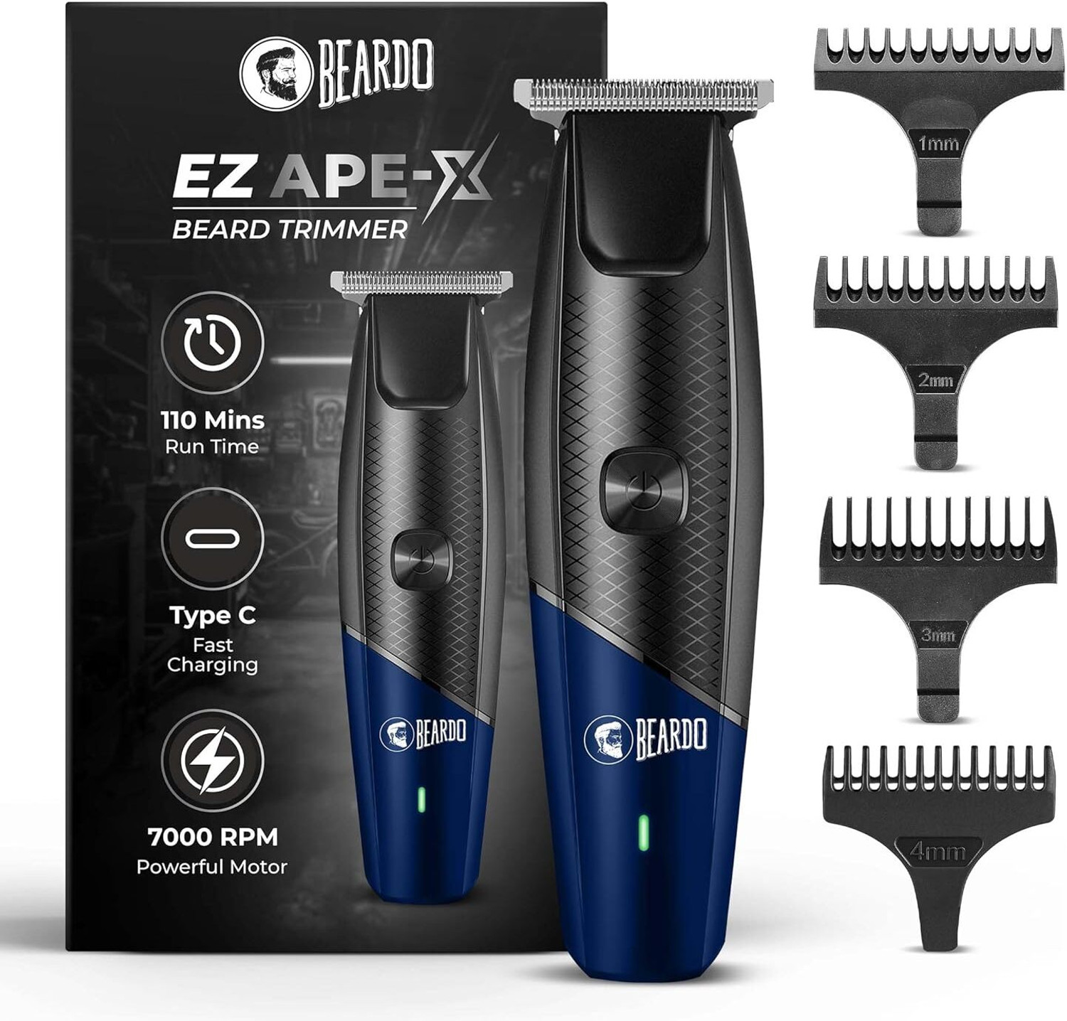 Image of BEARDO EZ Ape-X Beard Trimmer for Men | 7000 RPM Powerful Motor | Durable Fully Waterproof Trimmer 110 min Runtime 4 Length Settings