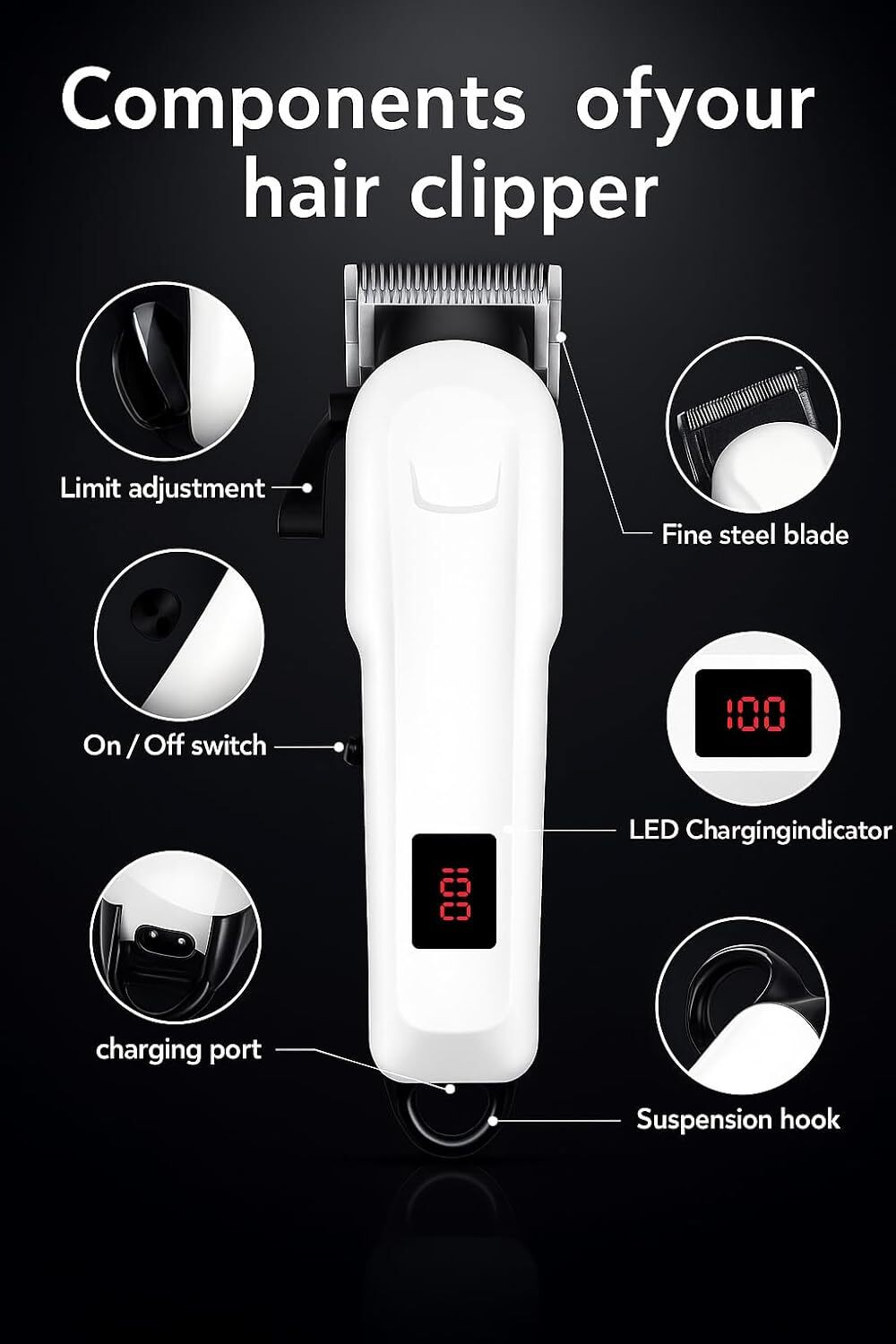 Image of CLINLINSO 809 Salon Series Professional Digital Display Cordless Hair Clipper Electric Fully Waterproof Trimmer 240 min Runtime 5 Length Settings (White, Black)