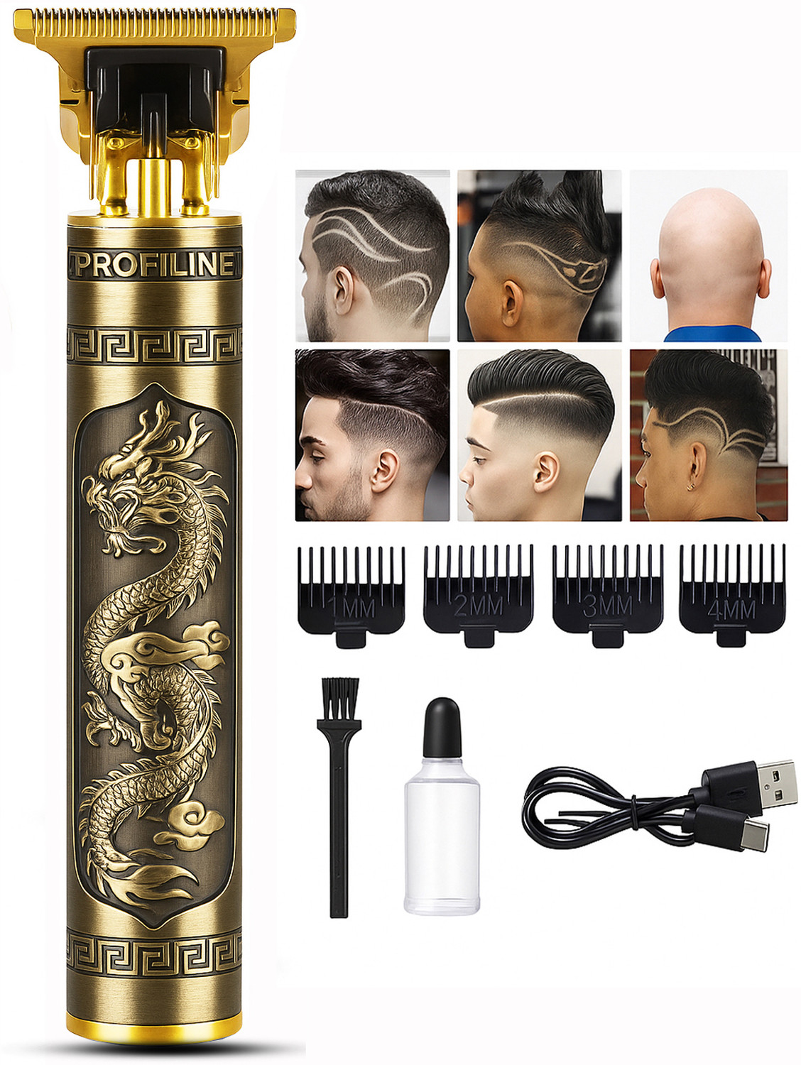 Image of Profiline Waterproof Vintage -T9 Metal Hair Cutting Trimmer with USB charging 0mm Trimmer 60 min Runtime 0 Length Settings