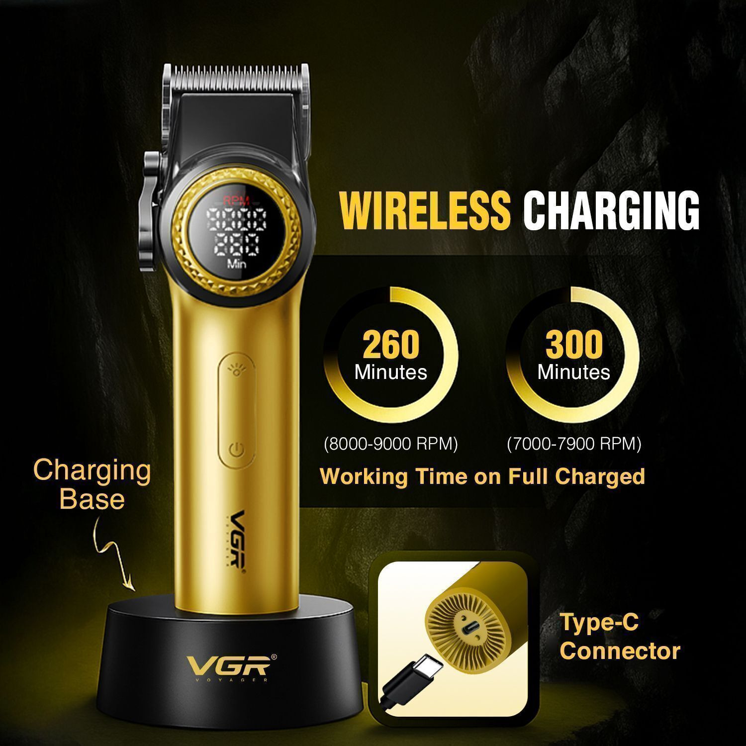 Image of VGR V-001 Professional Salon Series Hair Clipper, 9000 RPM with DLC Diamond Coating Trimmer 300 min Runtime 15 Length Settings