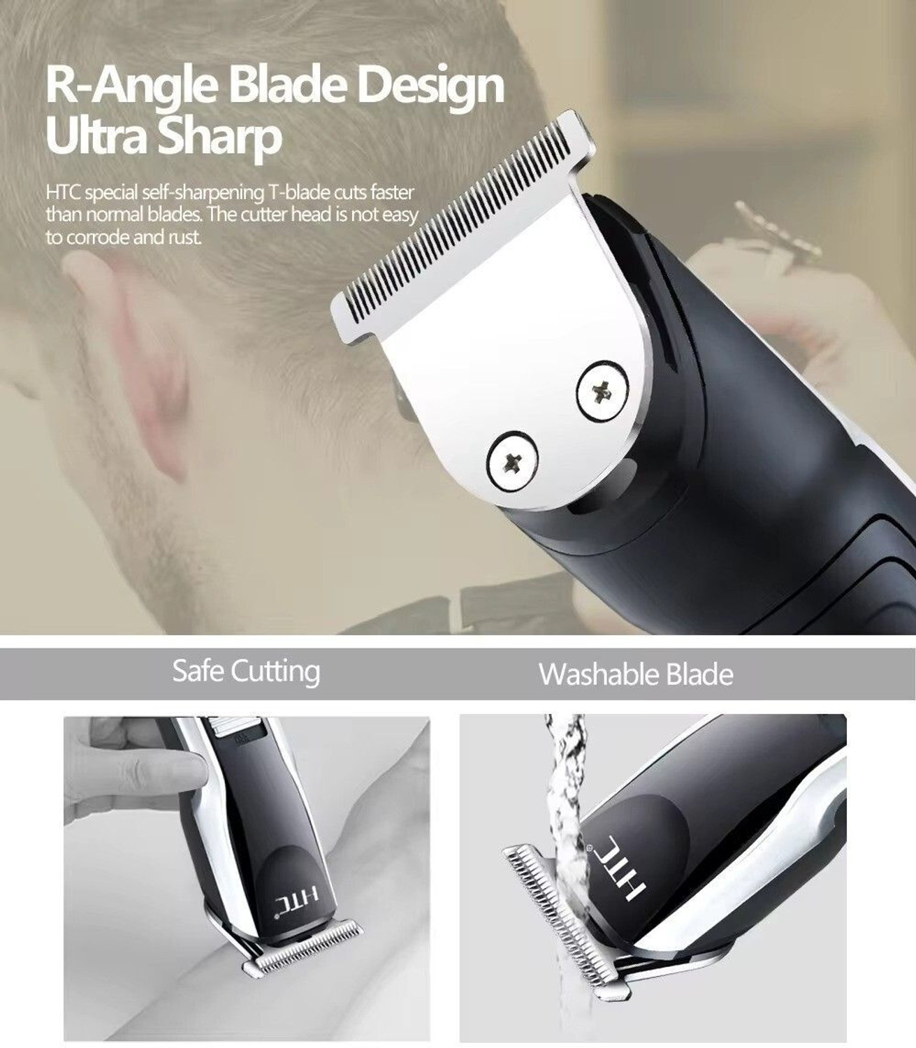 Image of HTC AT 538 Portable Smart Size Trimmer Waterproof Stainless Steel Blade Trimmer 90 min Runtime 4 Length Settings