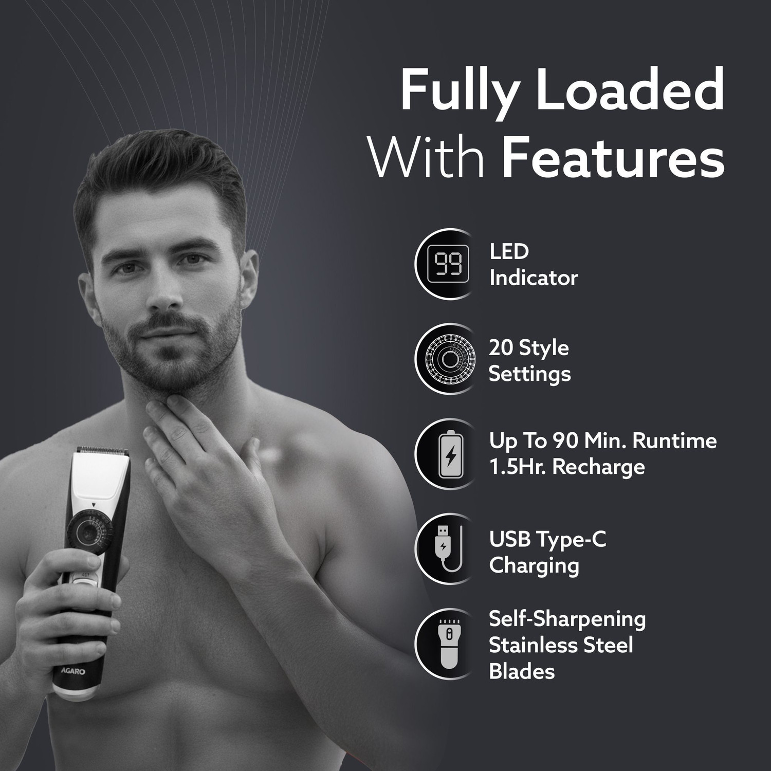Image of AGARO Beard Trimmer MT1155, 20 Length Settings, USB Rechargeable, Precision Dial Trimmer 90 min Runtime 20 Length Settings