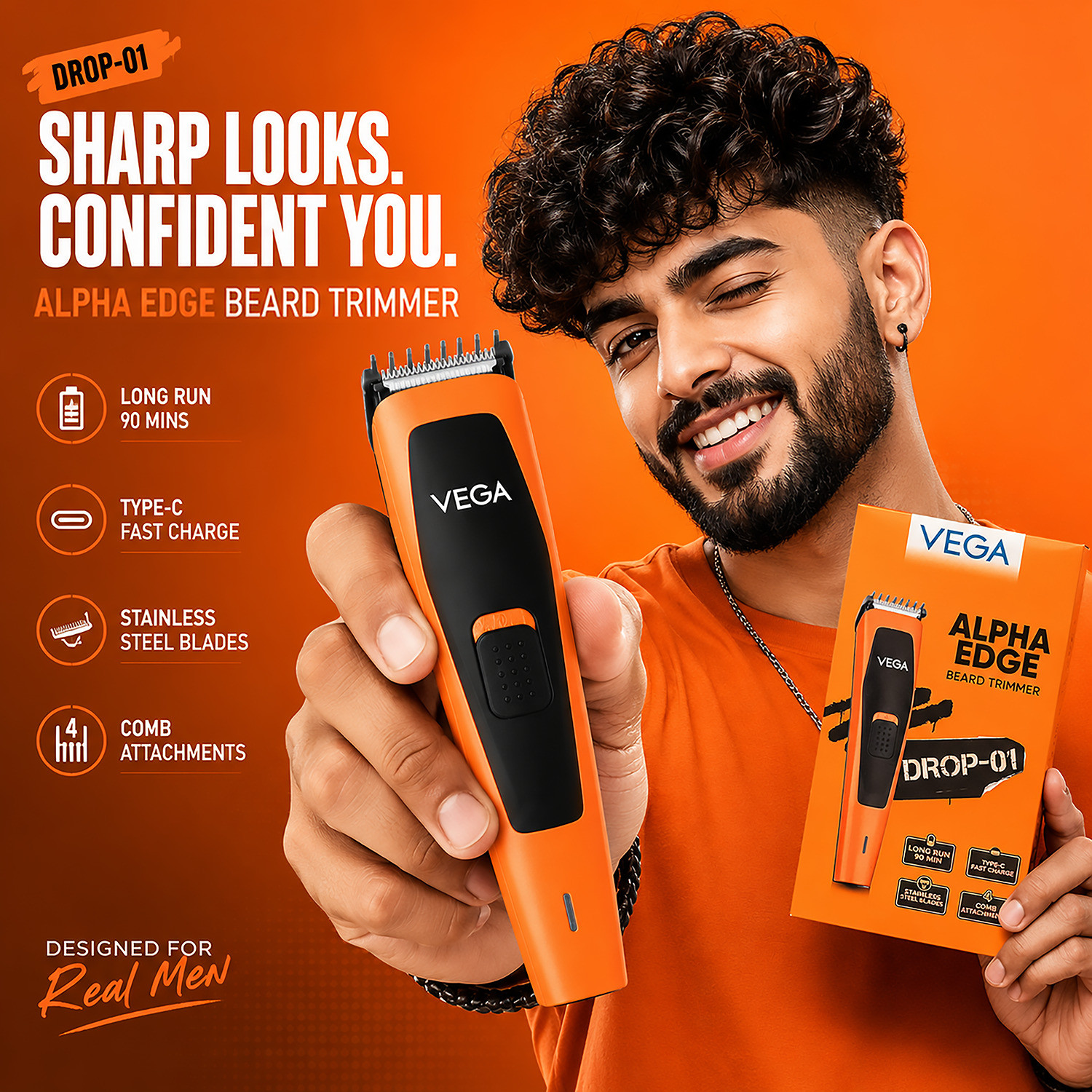 Image of VEGA Alpha Edge Beard Groomer for Men with 4 Comb, USB C-Type Charger (VHTH-45) Trimmer 90 min Runtime 4 Length Settings