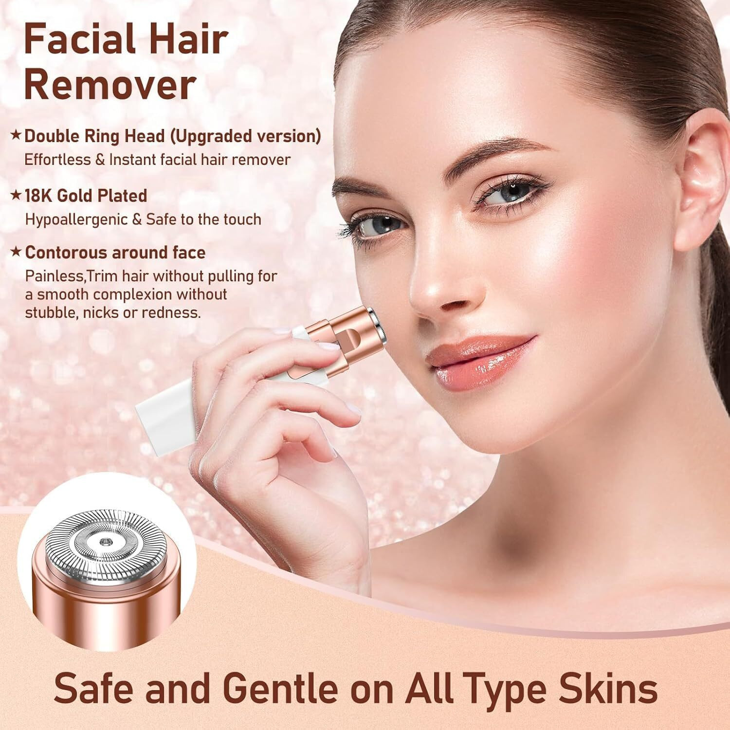 Image of Yiveko 2-in-1 Facial Hair Remover & Eyebrow Trimmer for Women | USB Rechargeable Painless Face Hair Removal Device | Eyebrow Shaper, Upper Lip, Chin & Peach Fuzz Remover with LED Light (Rose Gold) Cordless Epilator
