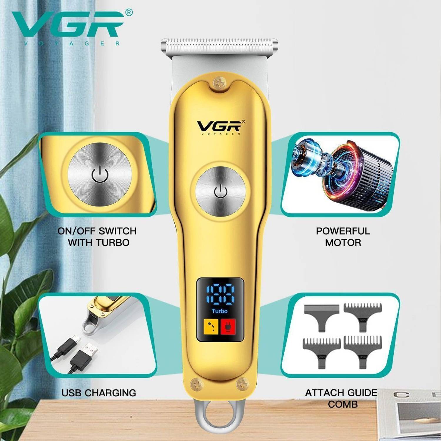 VGR V-290 Trimmer 120 min Runtime 3 Lengths Gold - Image 2