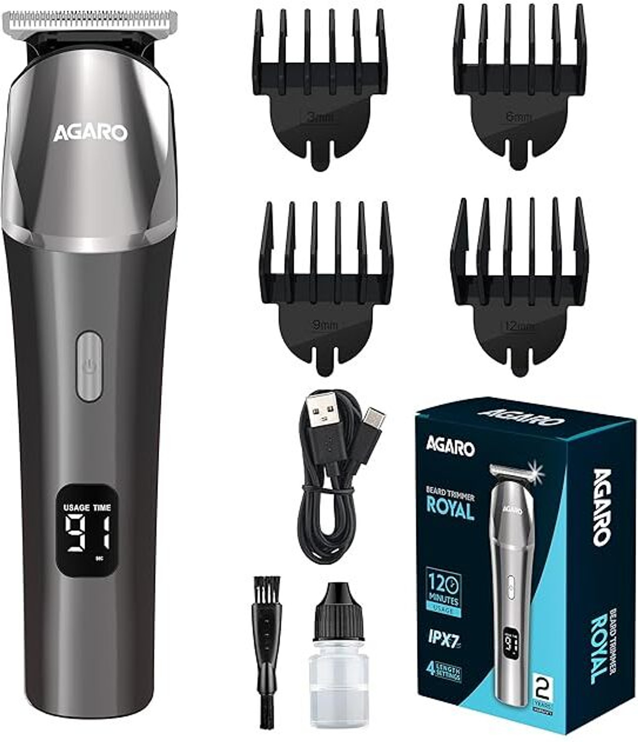 Image of AGARO Royal Beard Trimmer for Men, Cordless, Metal Body, 120 Min, Fast Charge Trimmer 120 min Runtime 4 Length Settings