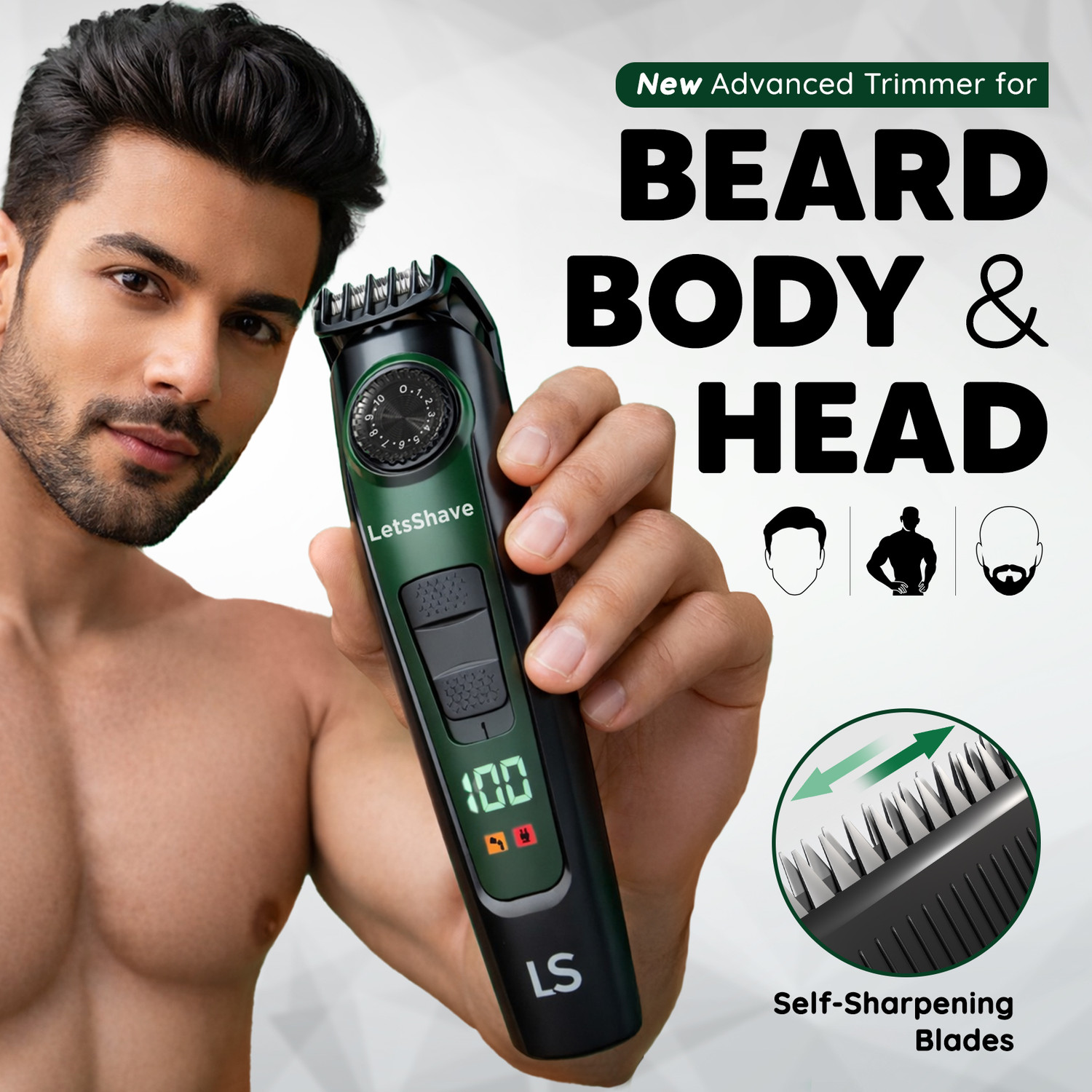 Image of LetsShave All-in-One Beard, Body & Head , 20 , Self-Sharpening Blade Fully Waterproof Trimmer 2 hrs Runtime 20 Length Settings