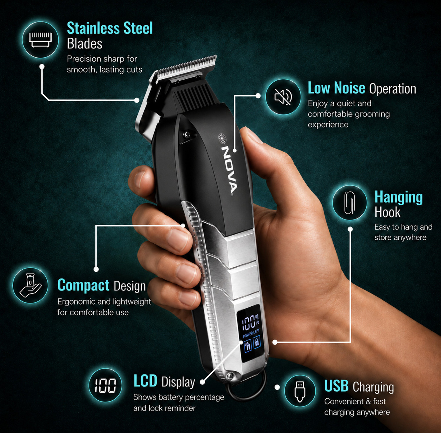 Image of NOVA NHT 1112 S Digital Display Trimmer 150 min Runtime 5 Length Settings