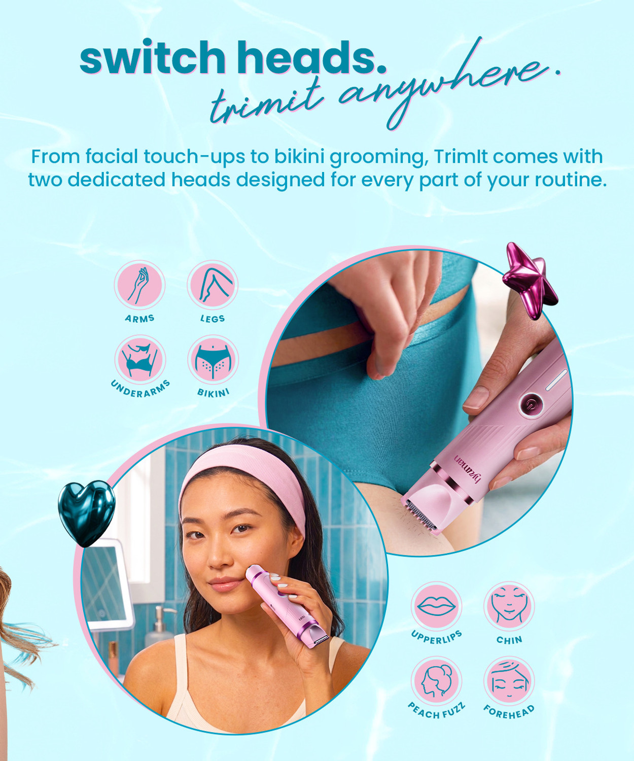 Image of Hyuman TrimIt 2-in-1 Face & Bikini Trimmer for Women Face & Body Hair Remover Trimmer 180 min Runtime 2 Length Settings (Pink)