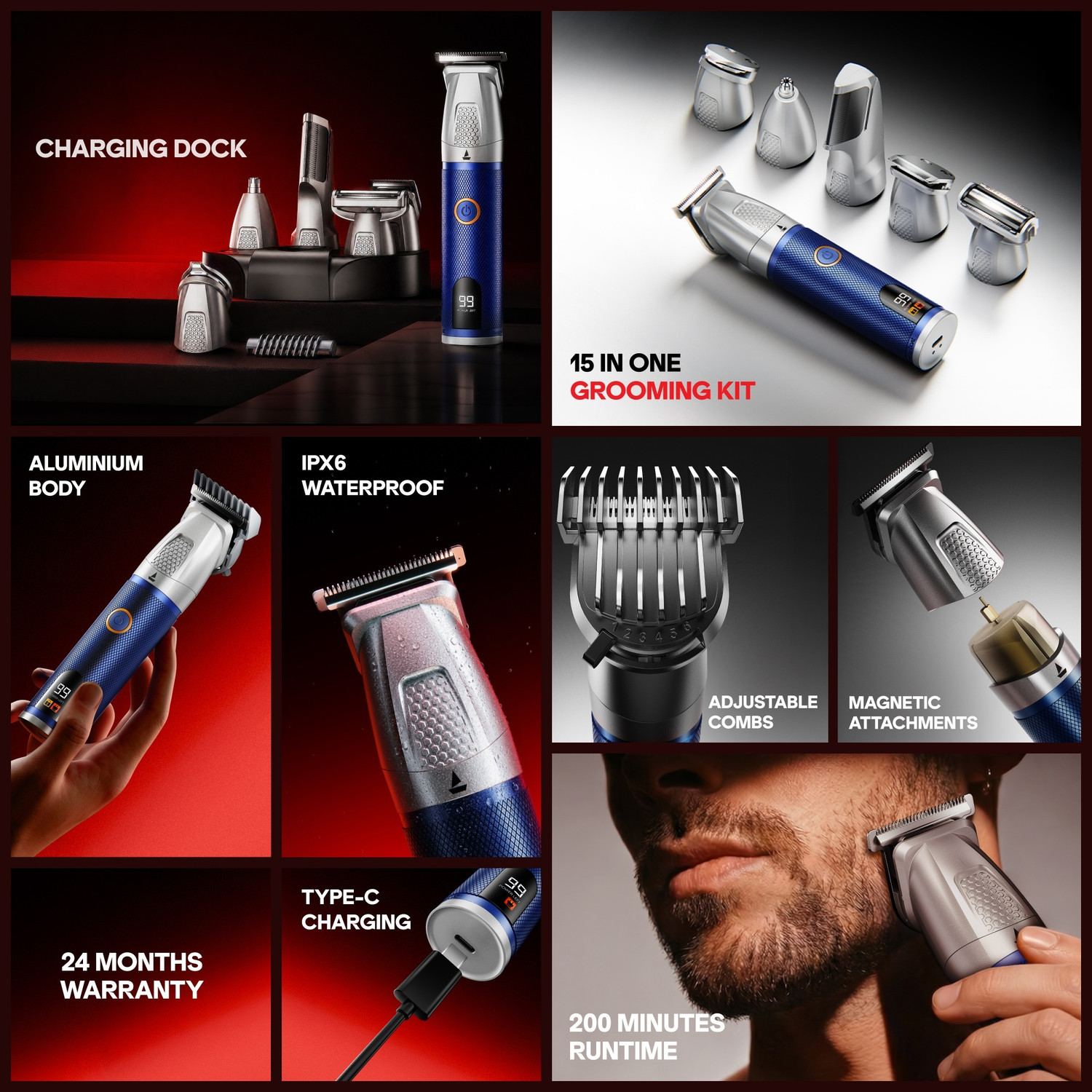 Image of boAt Slazer K100 Pro Fast Charge, Ceramic Blade 15 in 1 Full Body Fully Waterproof Grooming Kit 200 Mins Runtime 12 Length Settings
