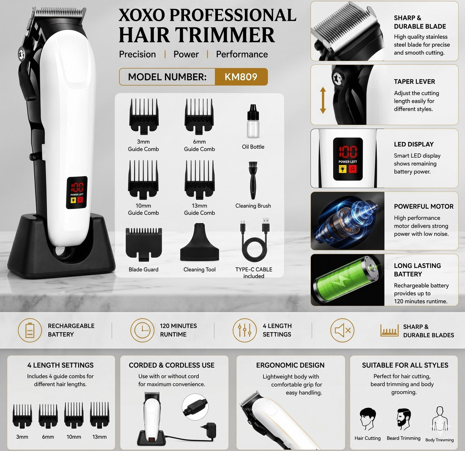 Image of EROOP PROFESSIONAL TRIMMER & Men Trimmer (White Fully Waterproof Trimmer) Trimmer 240 min Runtime 4 Length Settings (White)