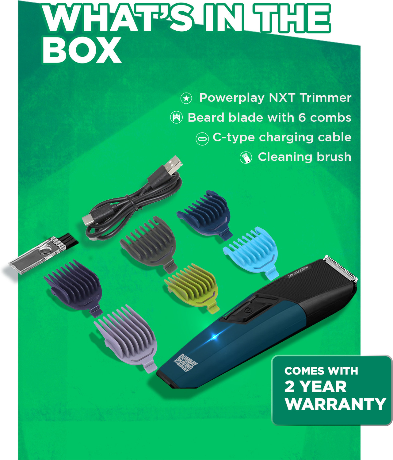 Image of BOMBAY SHAVING COMPANY Power Play NXT 9 Weeks of trim, 90 mins run time, Type C, Self sharpening blades Fully Waterproof Trimmer 90 min Runtime 6 Length Settings (Blue)