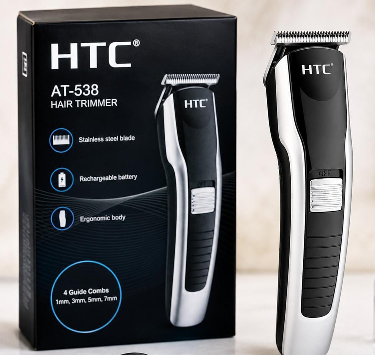 Image of HTC AT 538 Portable Smart Size Trimmer Waterproof Stainless Steel Blade Trimmer 90 min Runtime 4 Length Settings