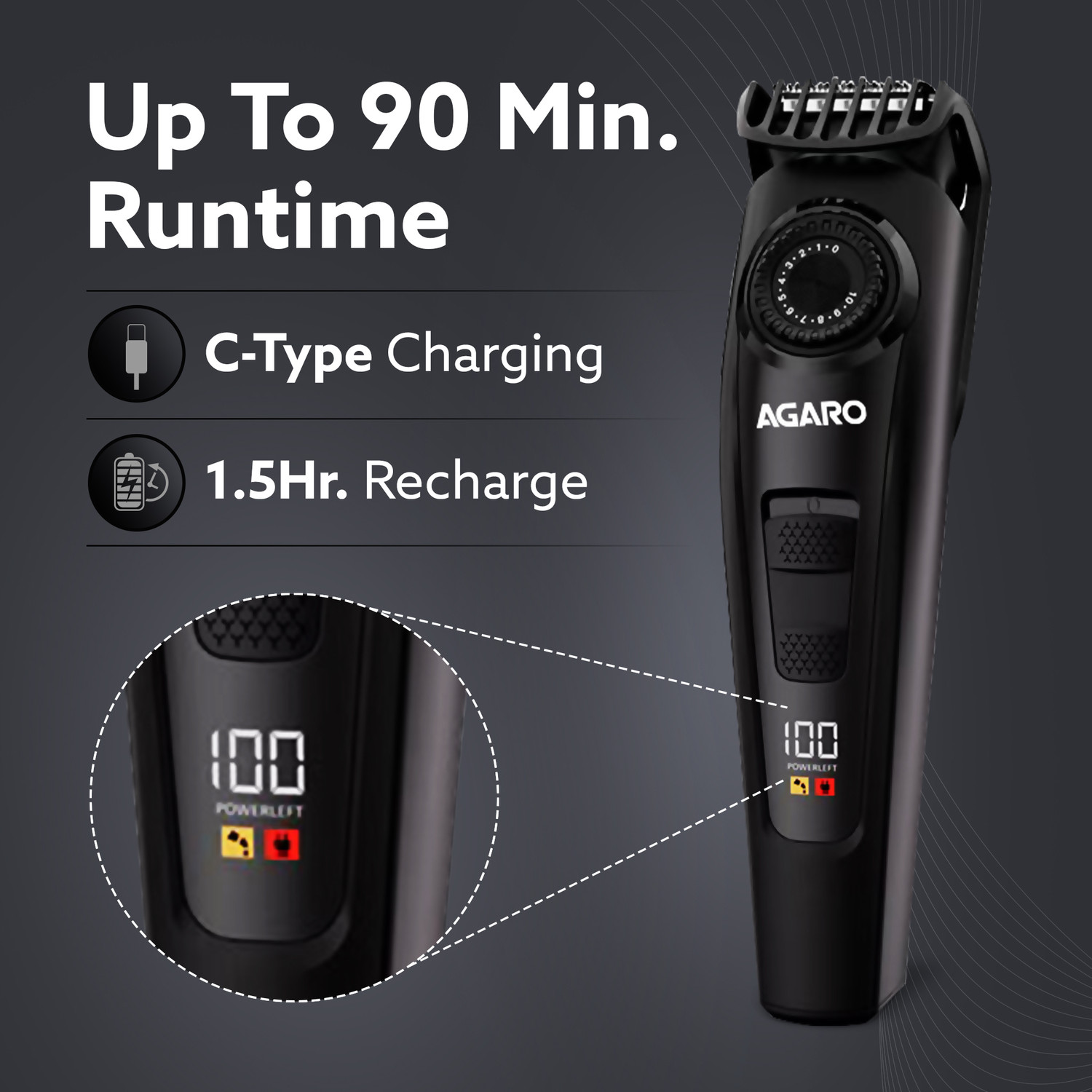 Image of AGARO Beard Trimmer MT1122, 10 Length Settings, Digital Display, USB Rechargeable Trimmer 90 min Runtime 10 Length Settings
