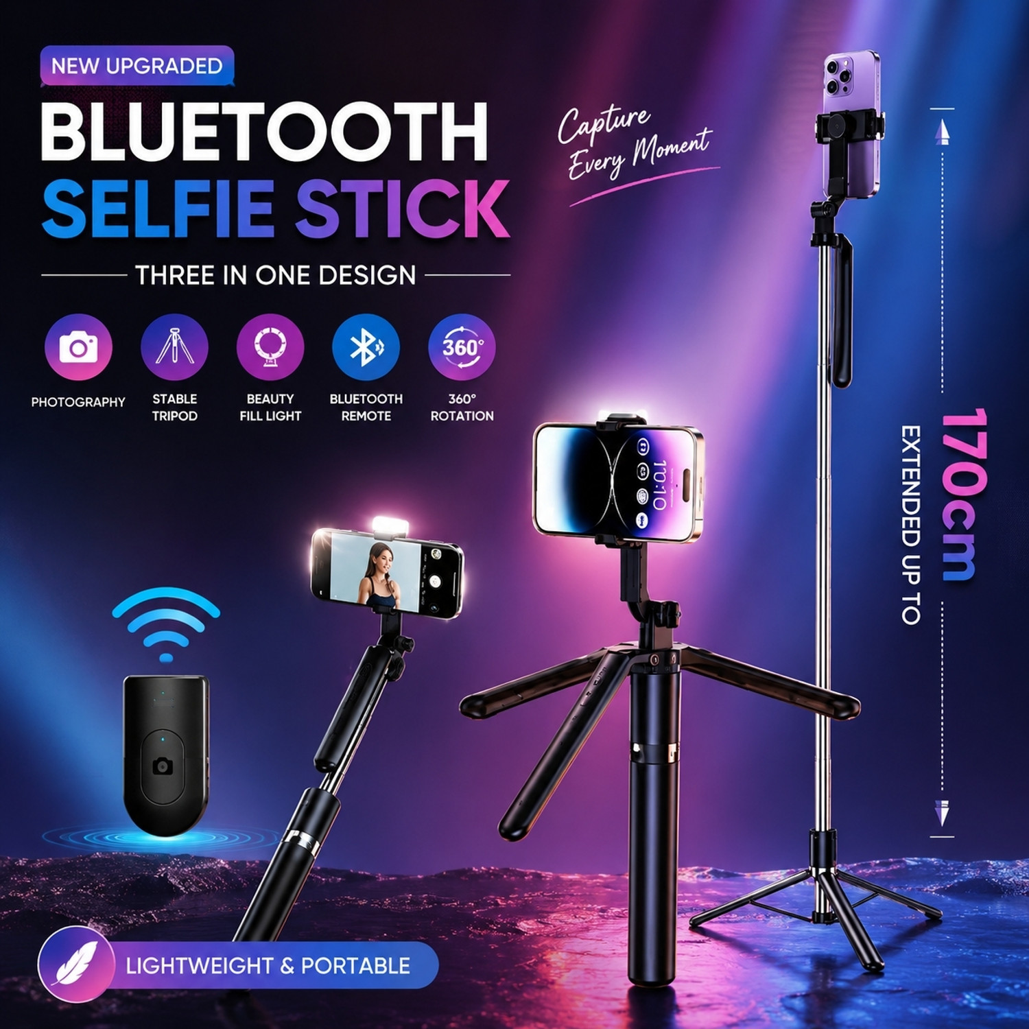 Image of ATMHM R16S 360 Rotation Long Selfie Stick with Light Monopod Kit, Tripod (Black, Supports Up to 1400 g)