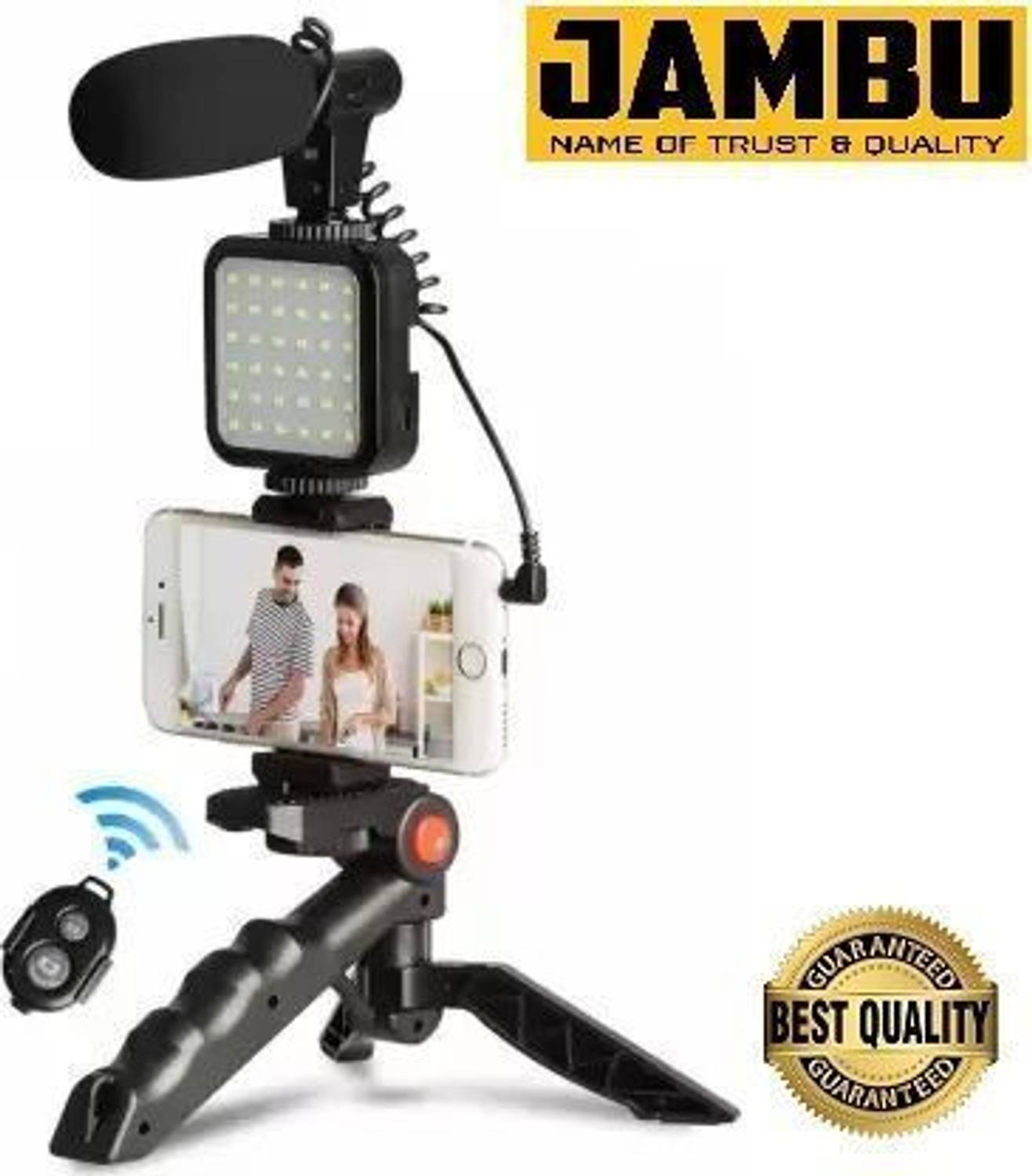 JAMBU Mobile Vlogging Kit with Microphone Tripod Stand, Bluetooth Remote and LED Light Monopod Kit, Tripod Kit