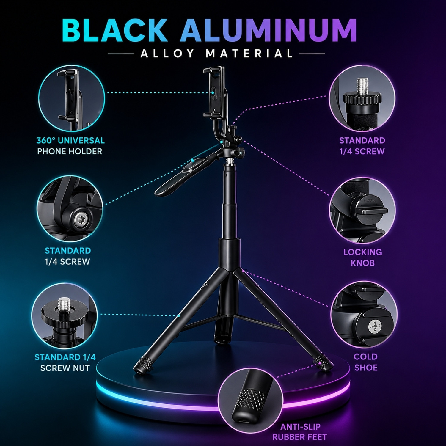 Image of ATMHM R16S 360 Rotation Long Selfie Stick with Light Monopod Kit, Tripod (Black, Supports Up to 1400 g)