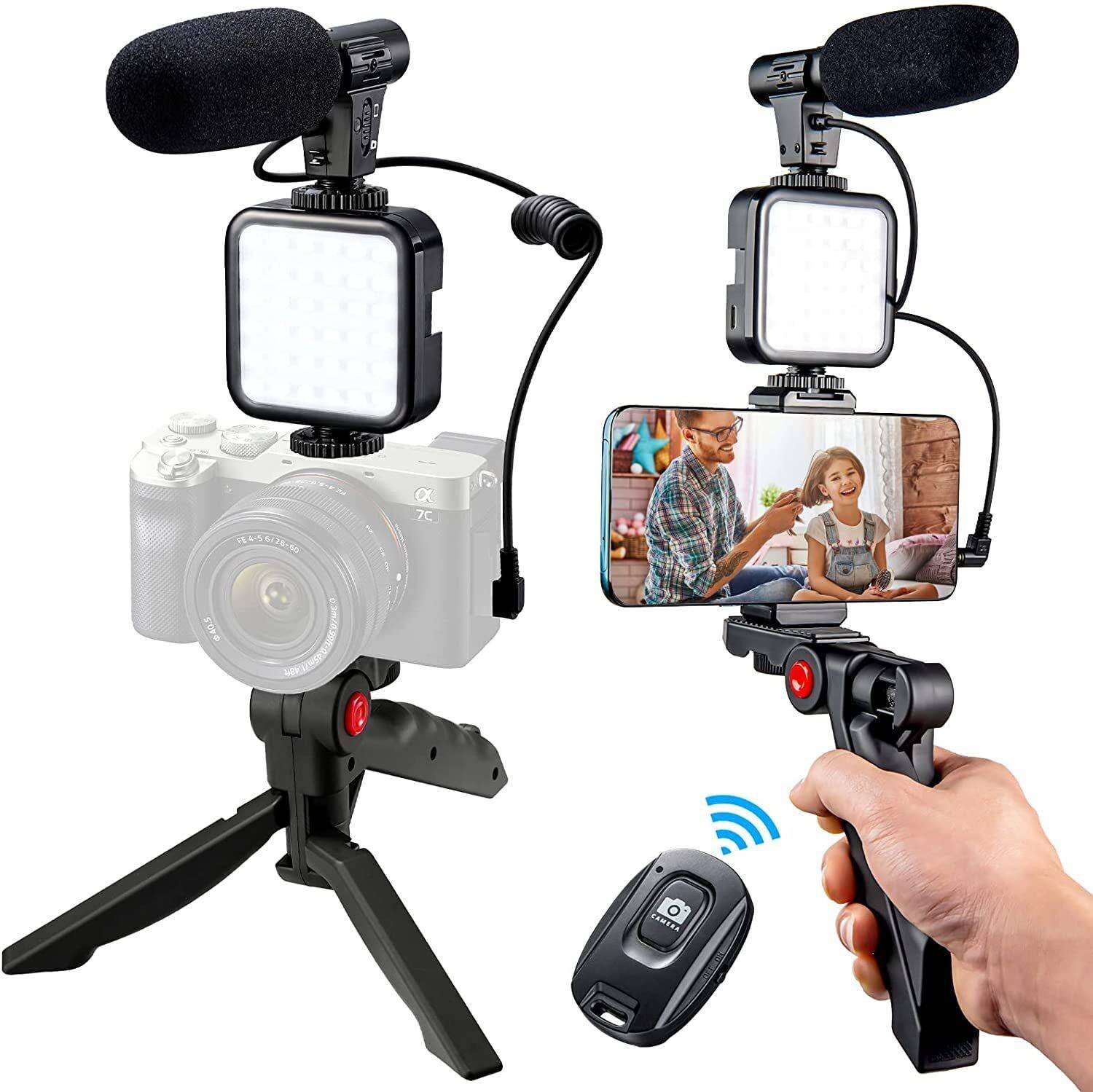 A complete smartphone vlogging kit setup featuring a tripod, LED light, and shotgun microphone