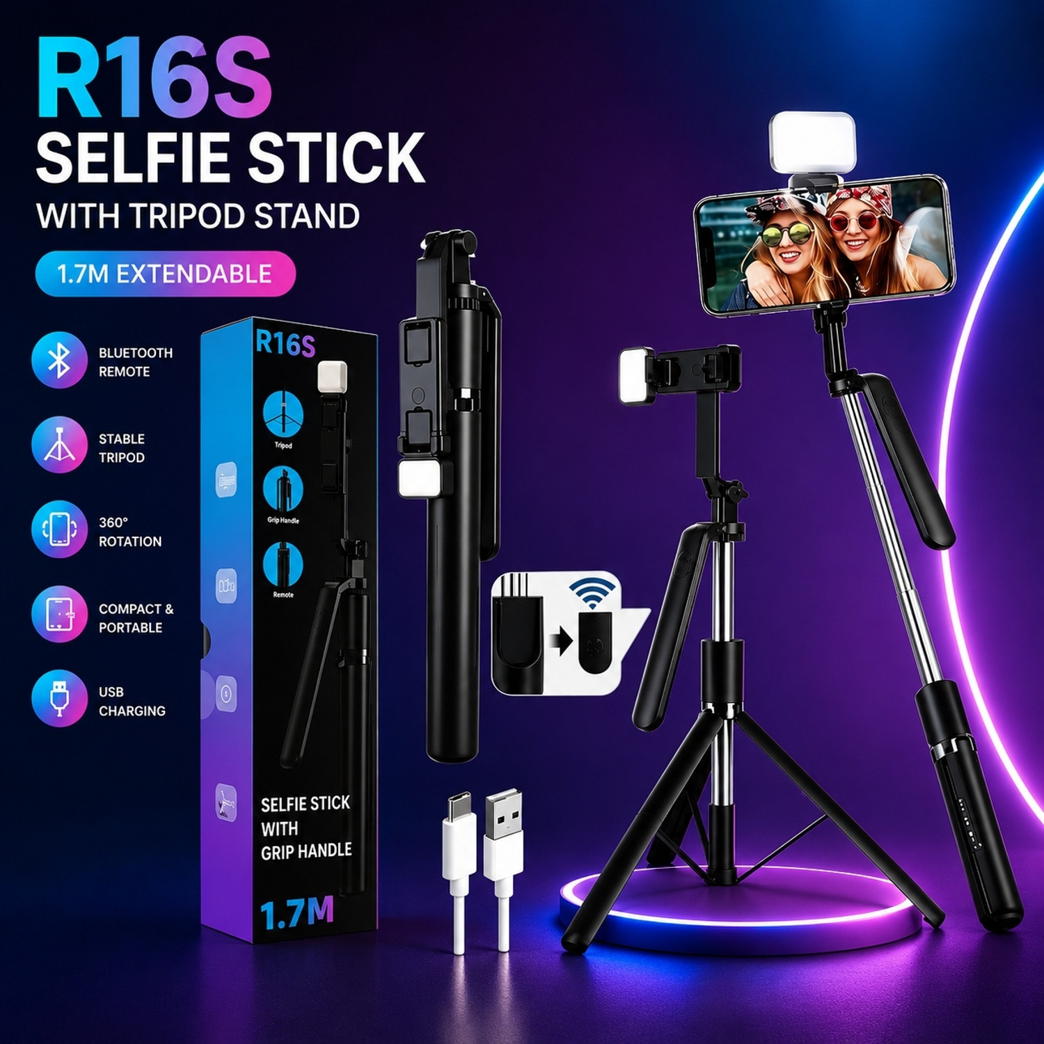 Image of ATMHM R16S 360 Rotation Long Selfie Stick with Light Monopod Kit, Tripod (Black, Supports Up to 1400 g)