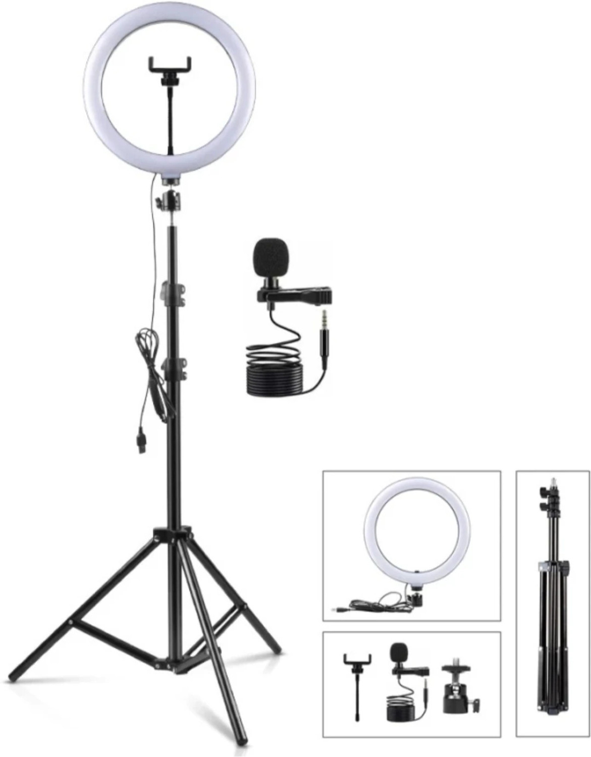 Image of Airtech 10 inch Selfie LED Light, Phn Holder, 7Ft Long Stand,360'5m long collar mic-kit Tripod Kit