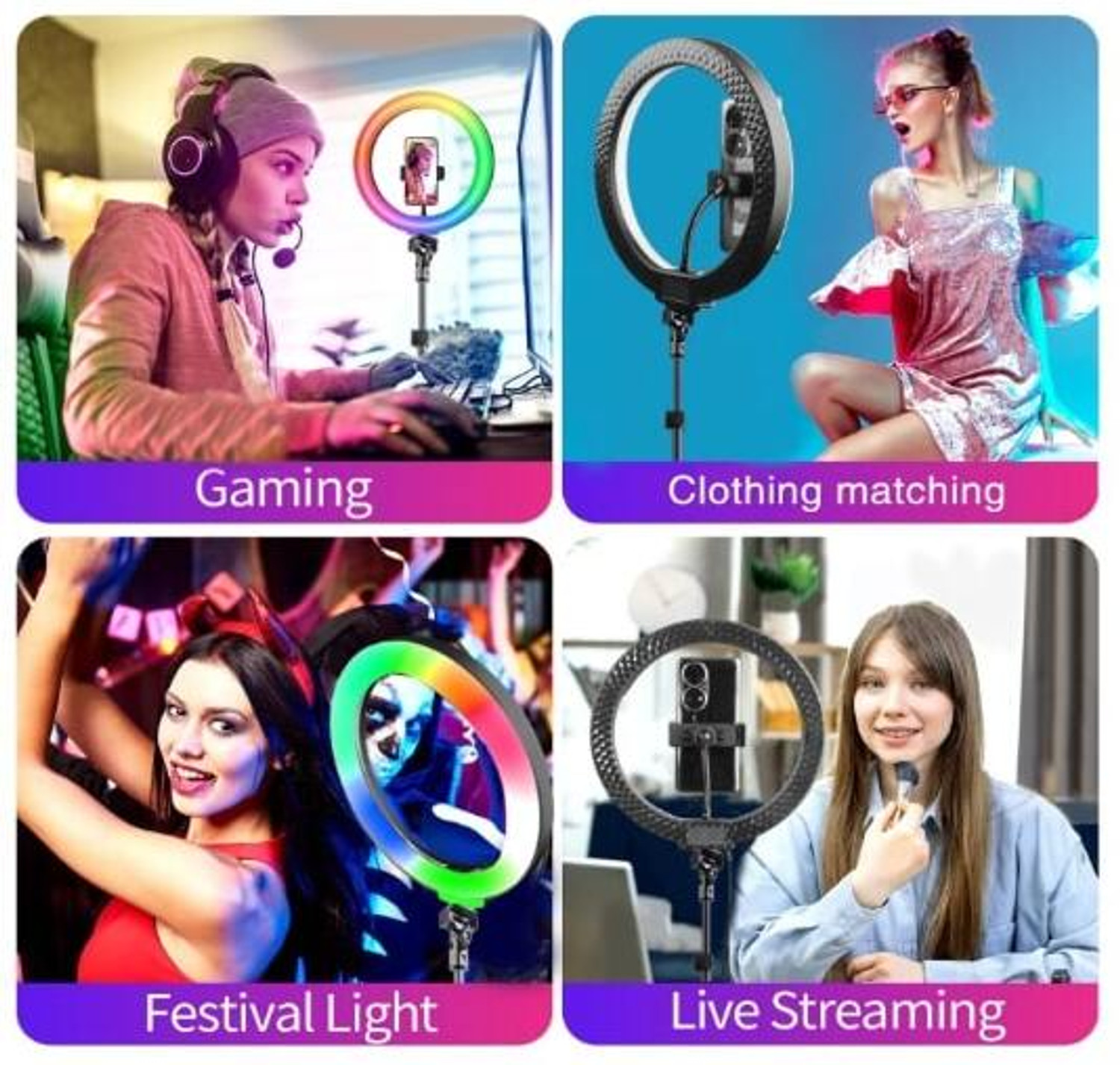 Image of TAXTURE RGB LED Ring Light with Adjustable Tripod Stand and Phone Holder Ring Flash