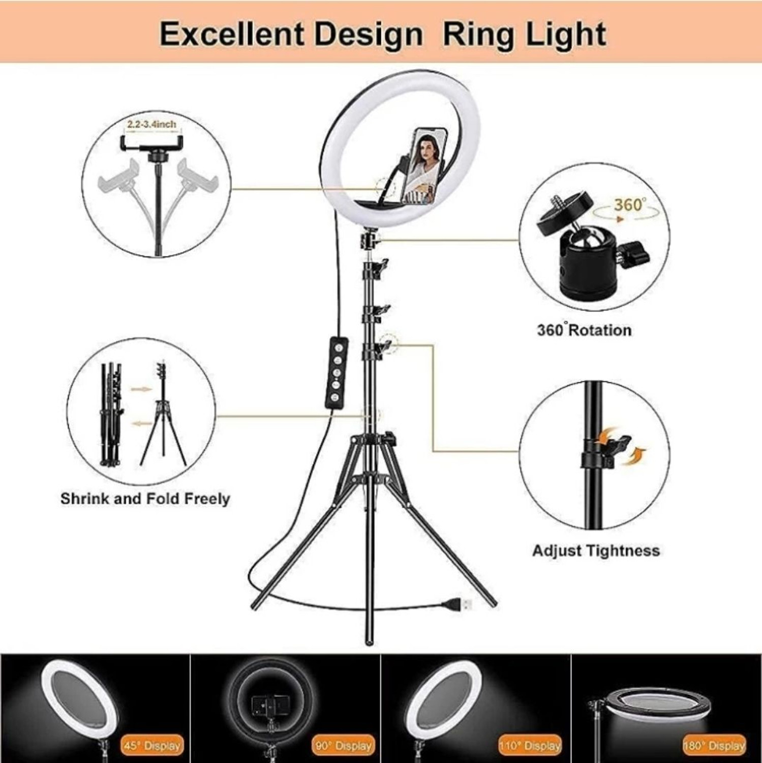 Image of Airtech 10 inch Selfie LED Light, Phn Holder, 7Ft Long Stand,360'5m long collar mic-kit Tripod Kit
