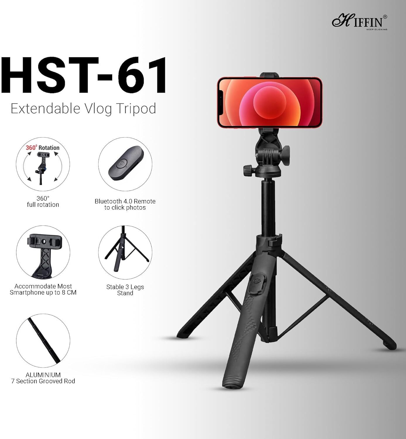 Image of Hiffin HST-61 1.6Meter Portable Long Tripod Selfie Stick with Wireless Remote & 3 Legs Tripod