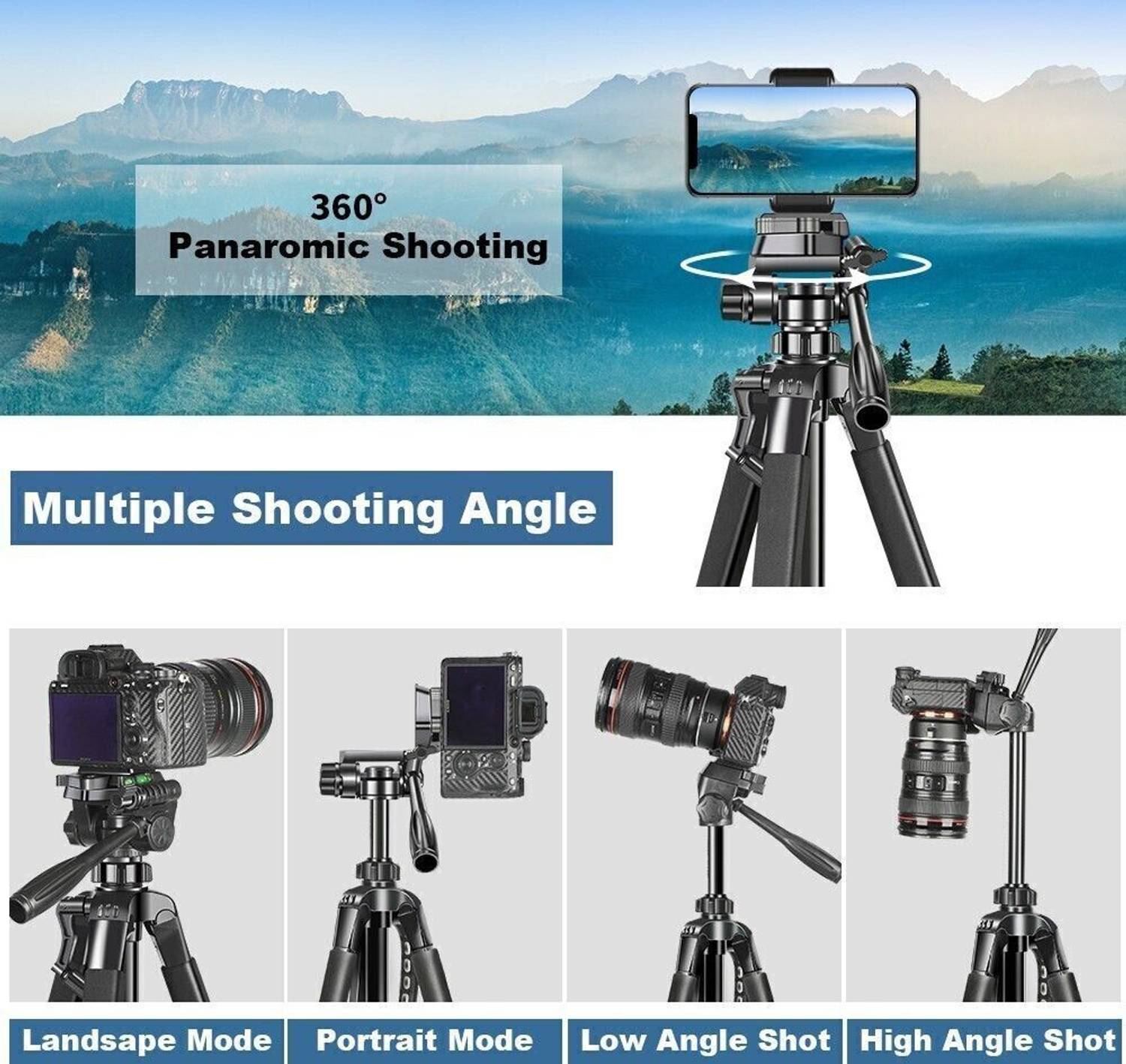 Adofys 70” Aluminium Camera Tripod with Bag and Phone Holder - Image 2