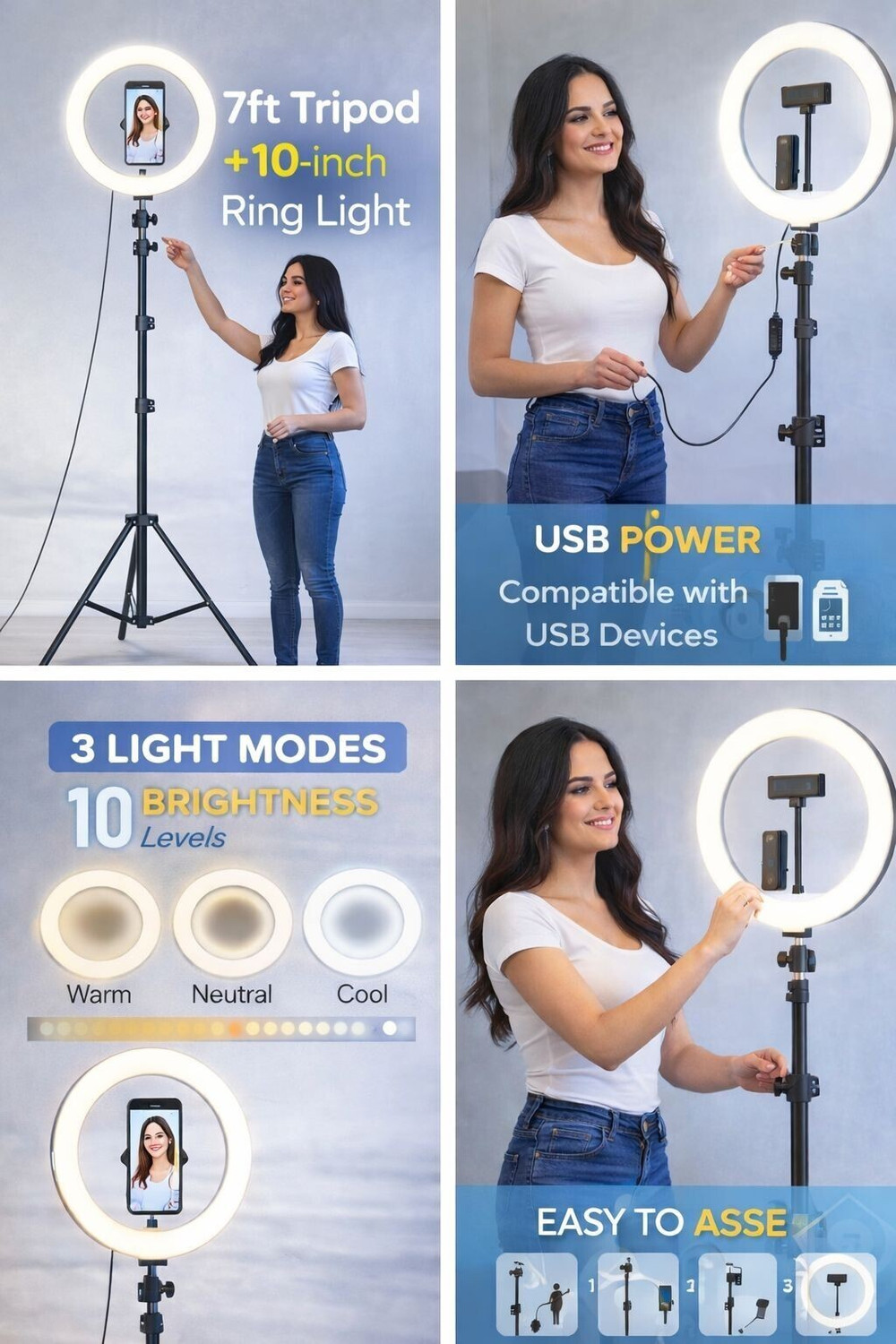 Image of SHINEON Portable 7 Feet Long Stand With 10 inchRing Light , Bluetooth,Combo kit Tripod Tripod Kit