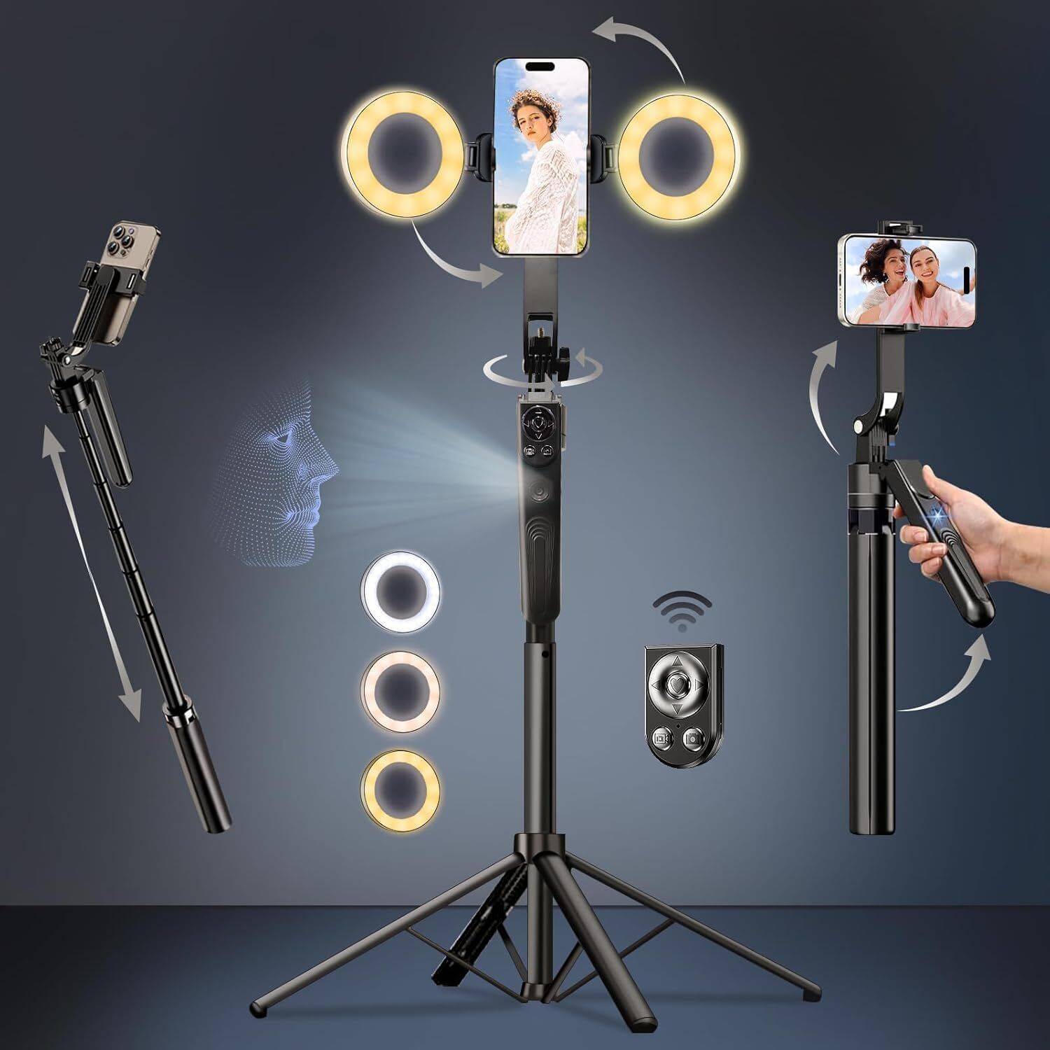 FKU ES-B181K 1.8Meter AI Auto Follow-Up Face Tracking Selfie Stick WITH 2 FILL LIGHT Tripod, Monopod