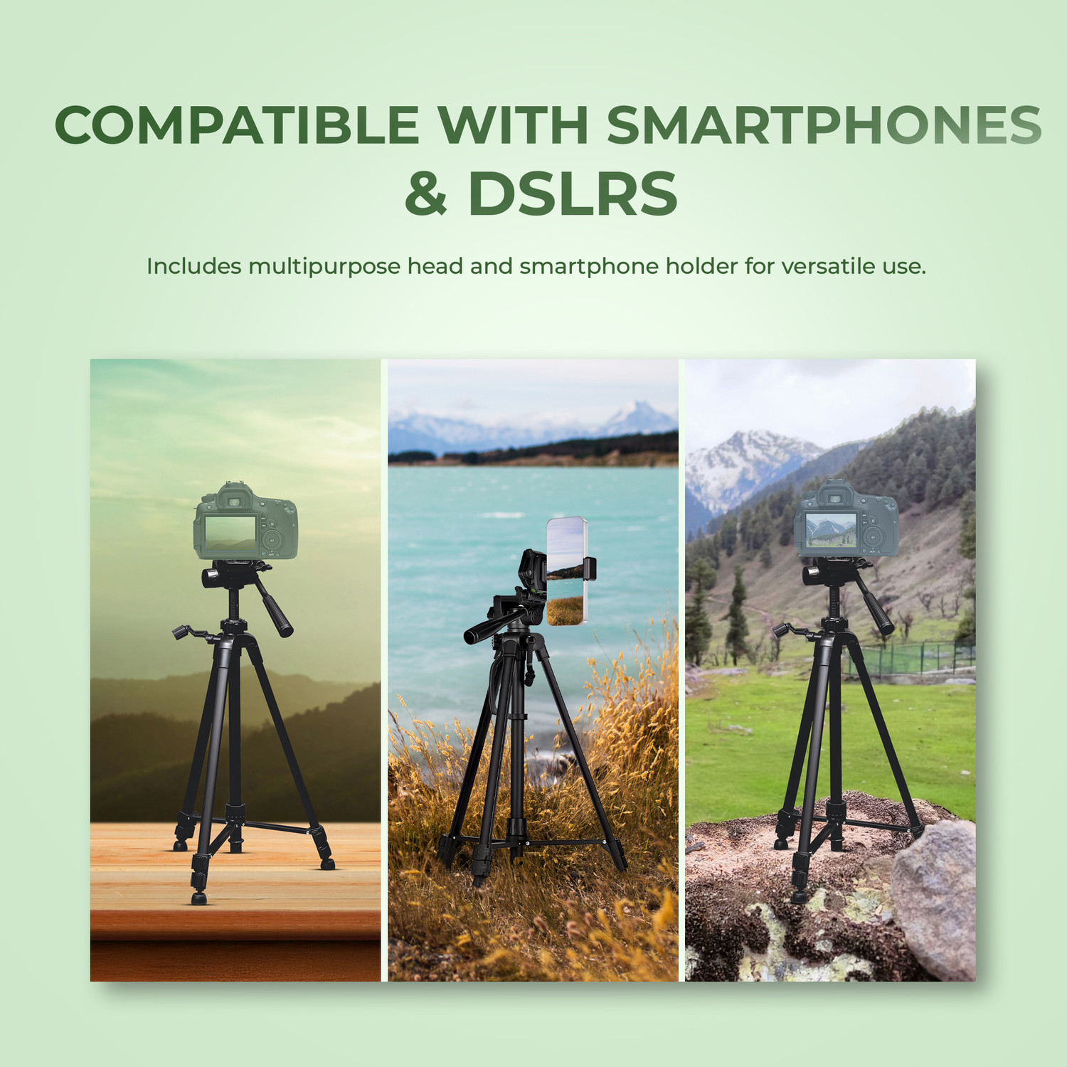 Image of DIGITEK DTR-490 LW Foldable Tripod Stand with Smartphone Holder, Pan Head Tripod