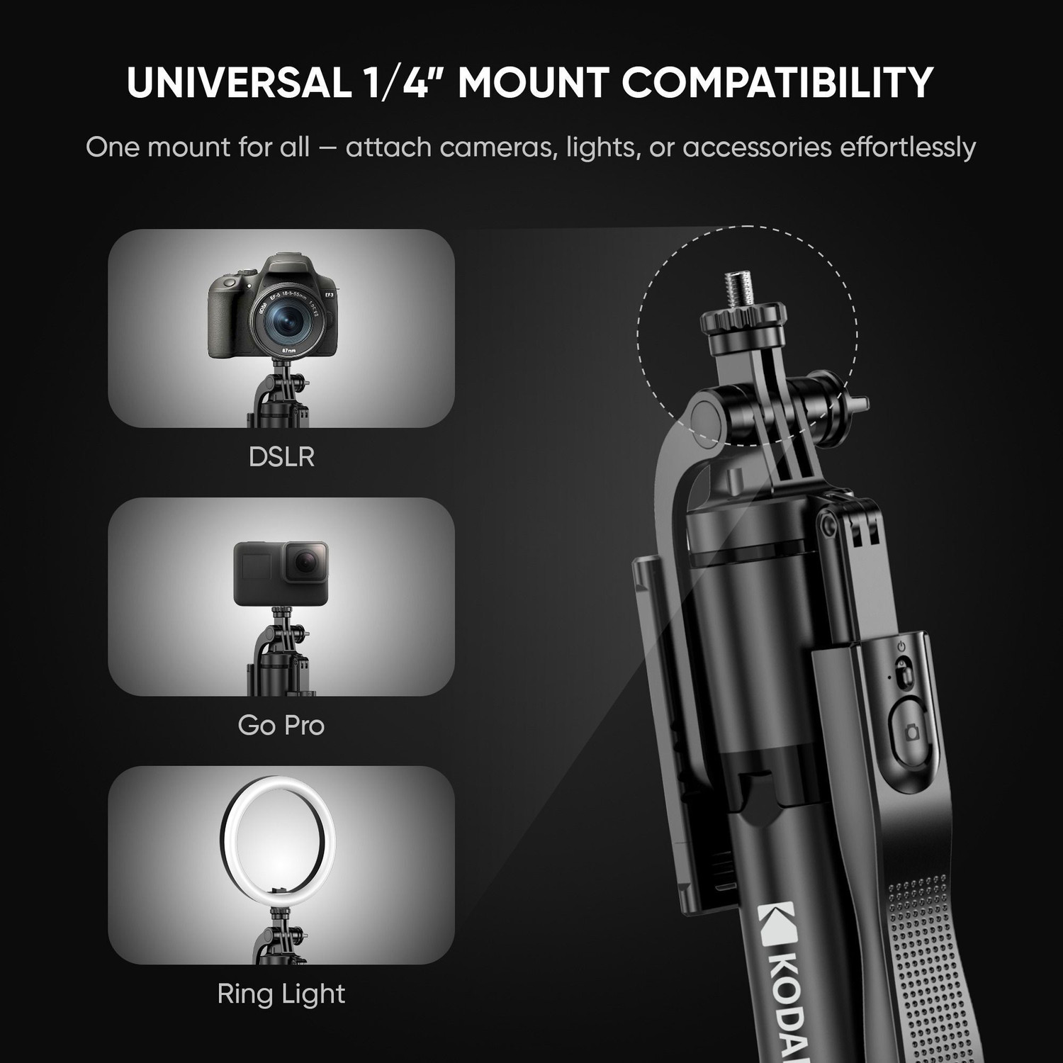 Image of KODAK ST10 62 inch Selfie Stick Tripod with Remote, Stabilizer for DSLR, Mobile & GoPro Tripod