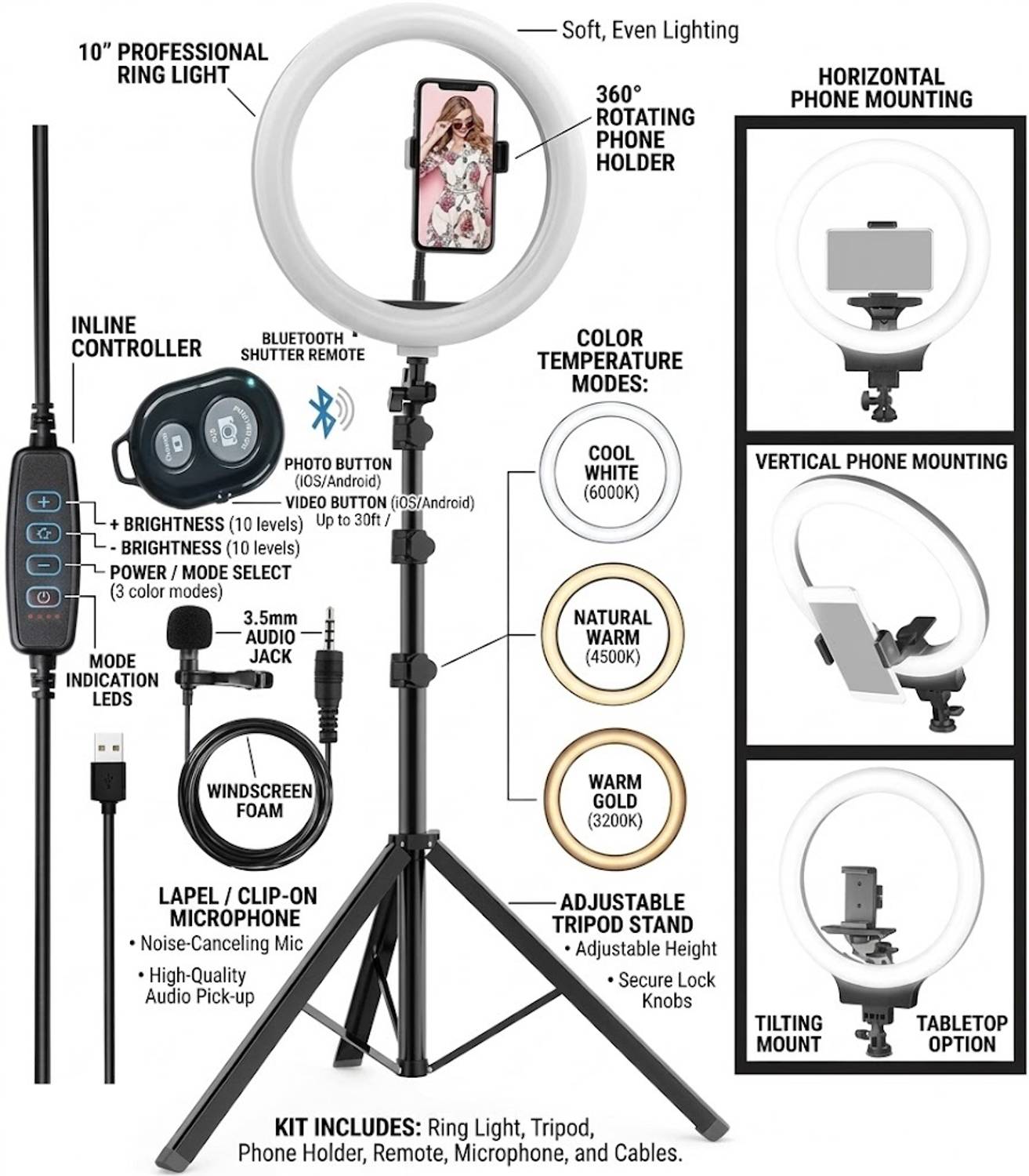 BESTFLY 1N 10"Selfie Light 7Ft Long tripod with remote control and long caller mic Tripod, Tripod Kit