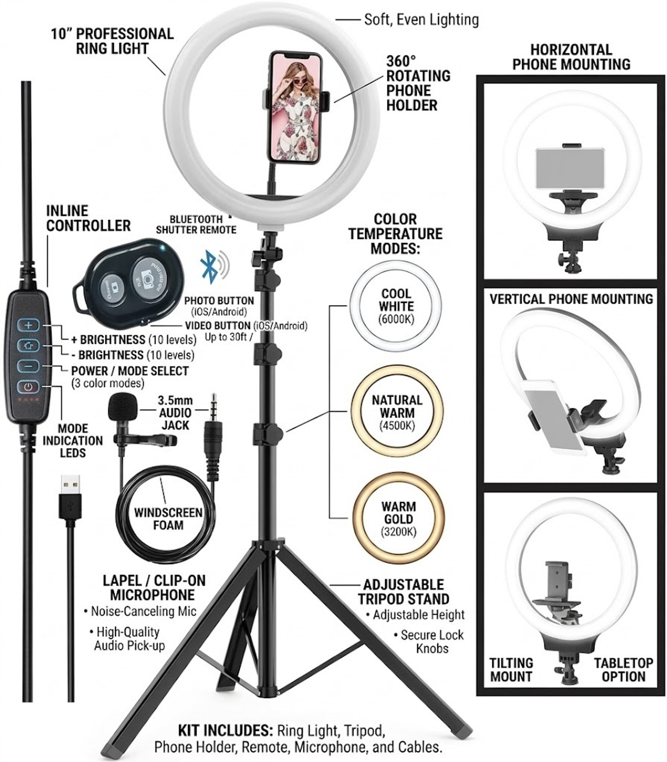 Image of BESTFLY 1N 10 inchSelfie Light 7Ft Long tripod with remote control and long caller mic Tripod, Tripod Kit