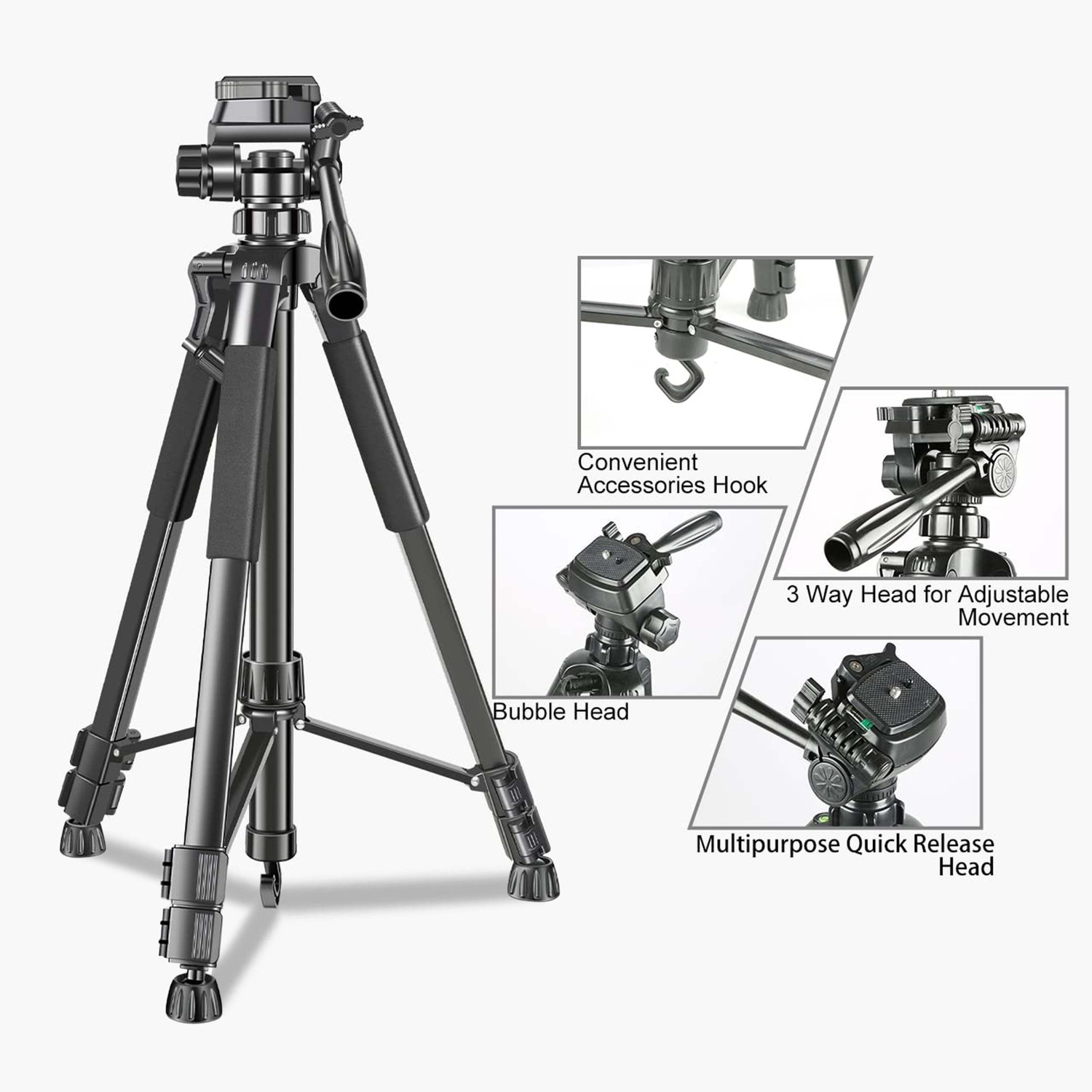 Image of Adofys 70 inch Aluminium Camera Tripod with Travel Bag and Phone Holder Tripod