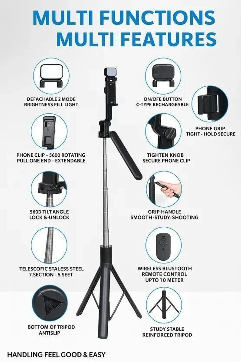 Image of Hold up 67-Inch Selfie Stick Tripod Stand with LED light, Adjustable Holder for Vlogging Tripod