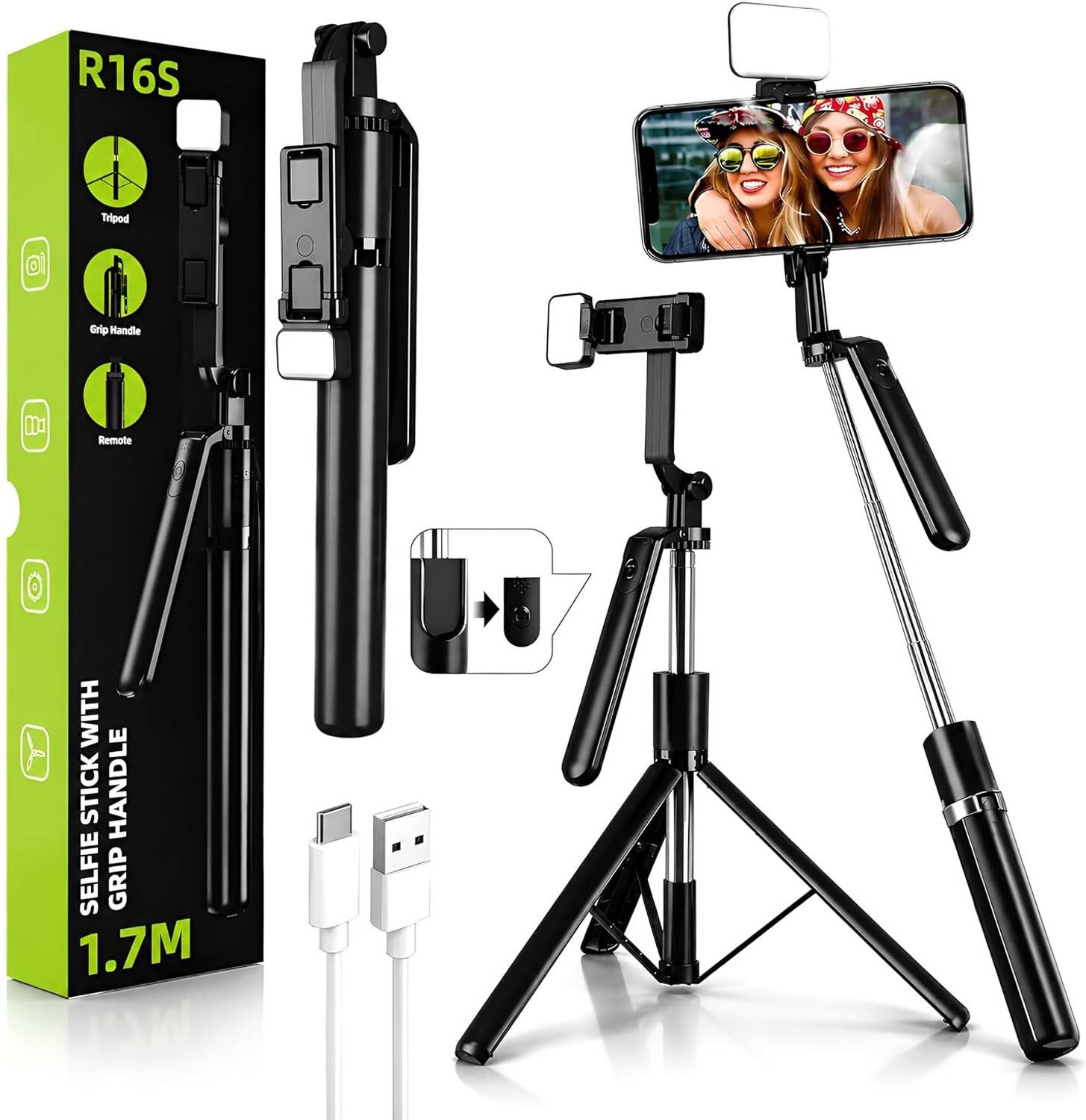 Sconzi R16S 360° Rotation Selfie Stick with Light Tripod