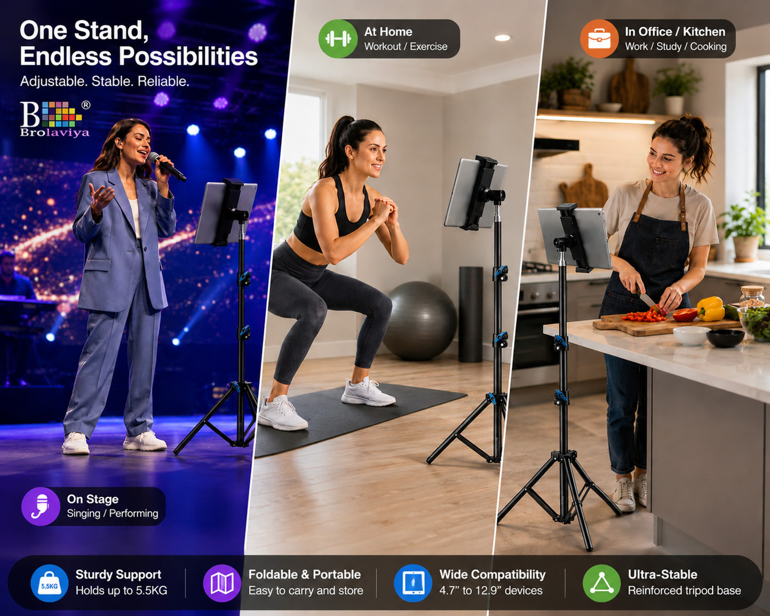 Image of BROLAVIYA Tablet Tripod Floor Stand, Adjustable up to 75 inch, Fits 4.7 inch-12.9 inch Phone & Tablet Tripod