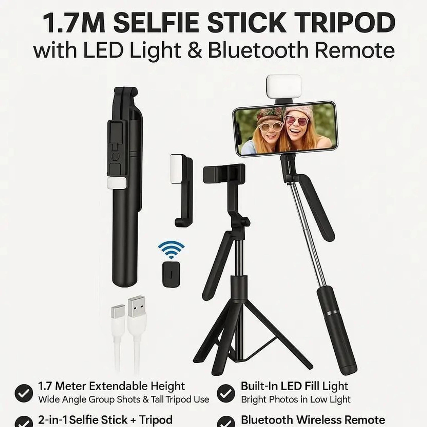 Image of Hold up 67-Inch Selfie Stick Tripod Stand with LED light, Adjustable Holder for Vlogging Tripod