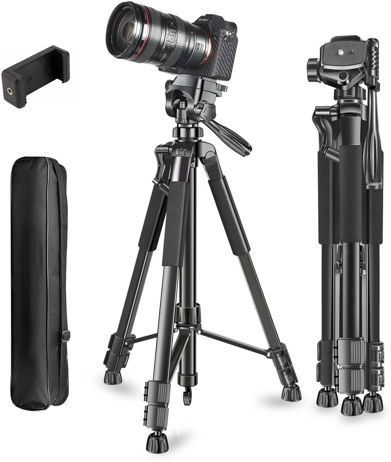 Adofys 70” Aluminium Camera Tripod with Bag and Phone Holder - Image 1