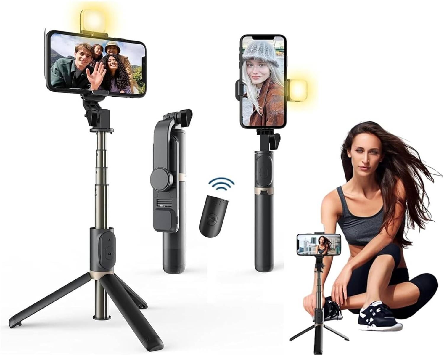 SquidFit Digital Selfie Stick with Led Fill Light 104 cm Extendable Selfie Stick Tripod Tripod
