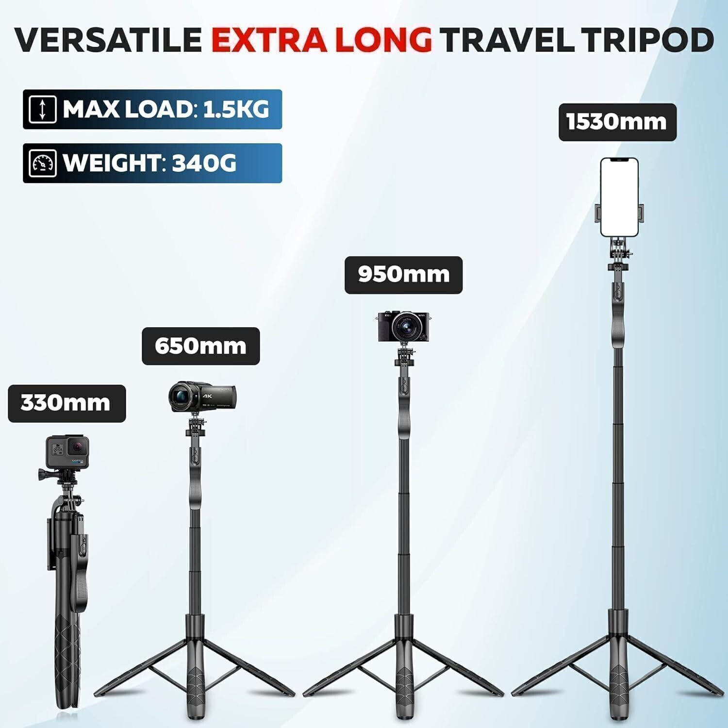 Image of Tryonce 4-in-1 Selfie Stick Tripod 5.2 Feet Long with Stable Handle and Bluetooth Remote Tripod
