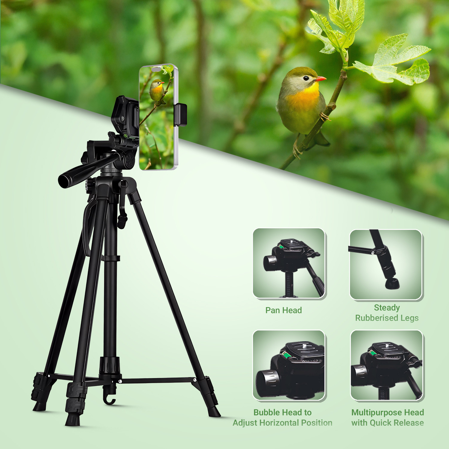 Image of DIGITEK DTR-490 LW Foldable Tripod Stand with Smartphone Holder, Pan Head Tripod