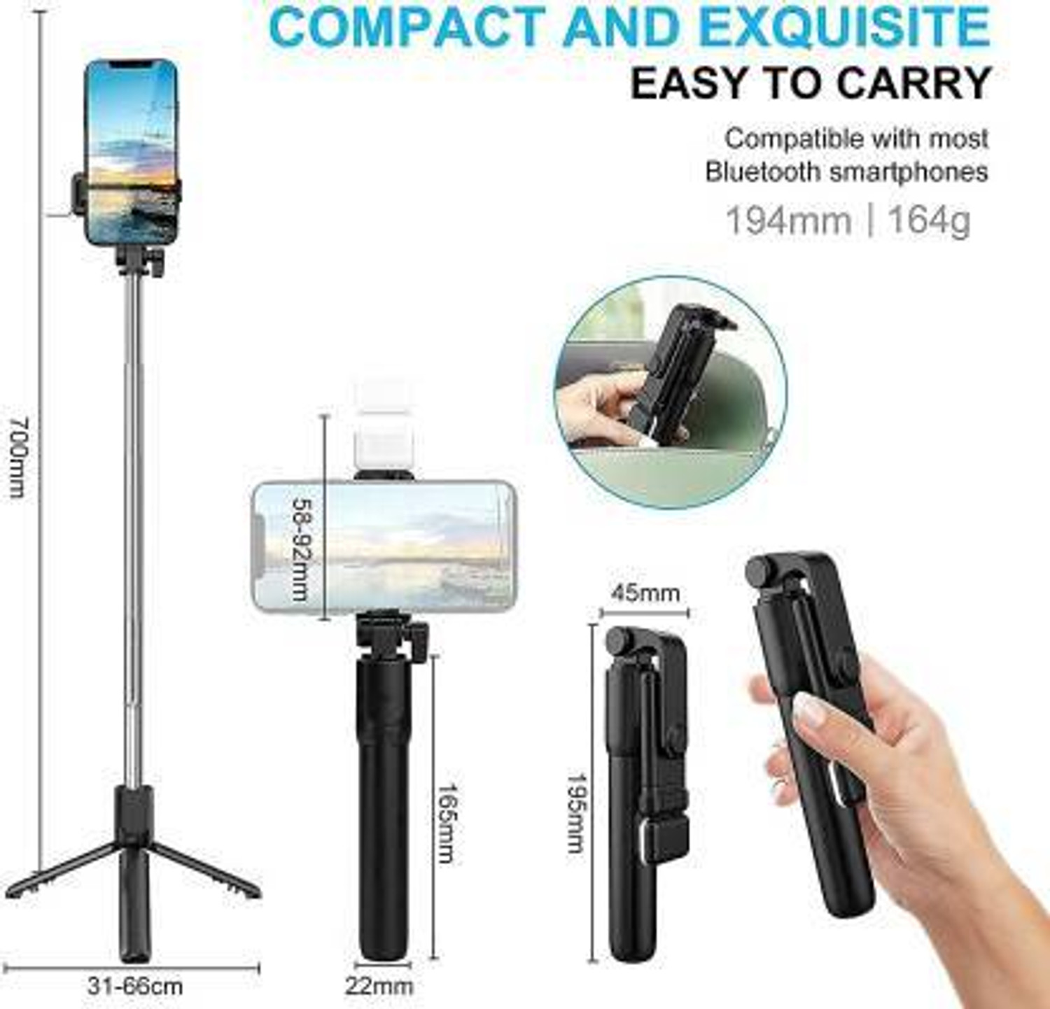 Image of ZOOMLION Portable Selfie Stick Tripod with Flash Light & Wireless Bluetooth Remote Tripod Tripod