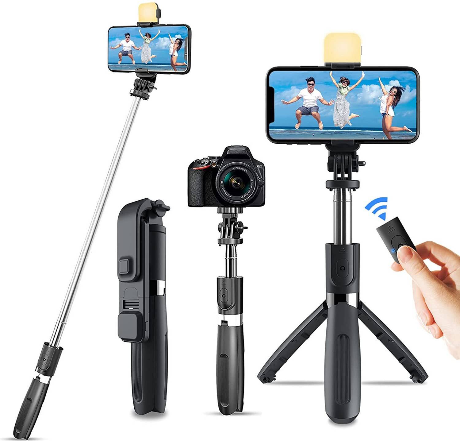 Hold up 3-in-1 Convertible Tripod with Fill Light-Rotating Phone Holder-Bluetooth Remote Tripod