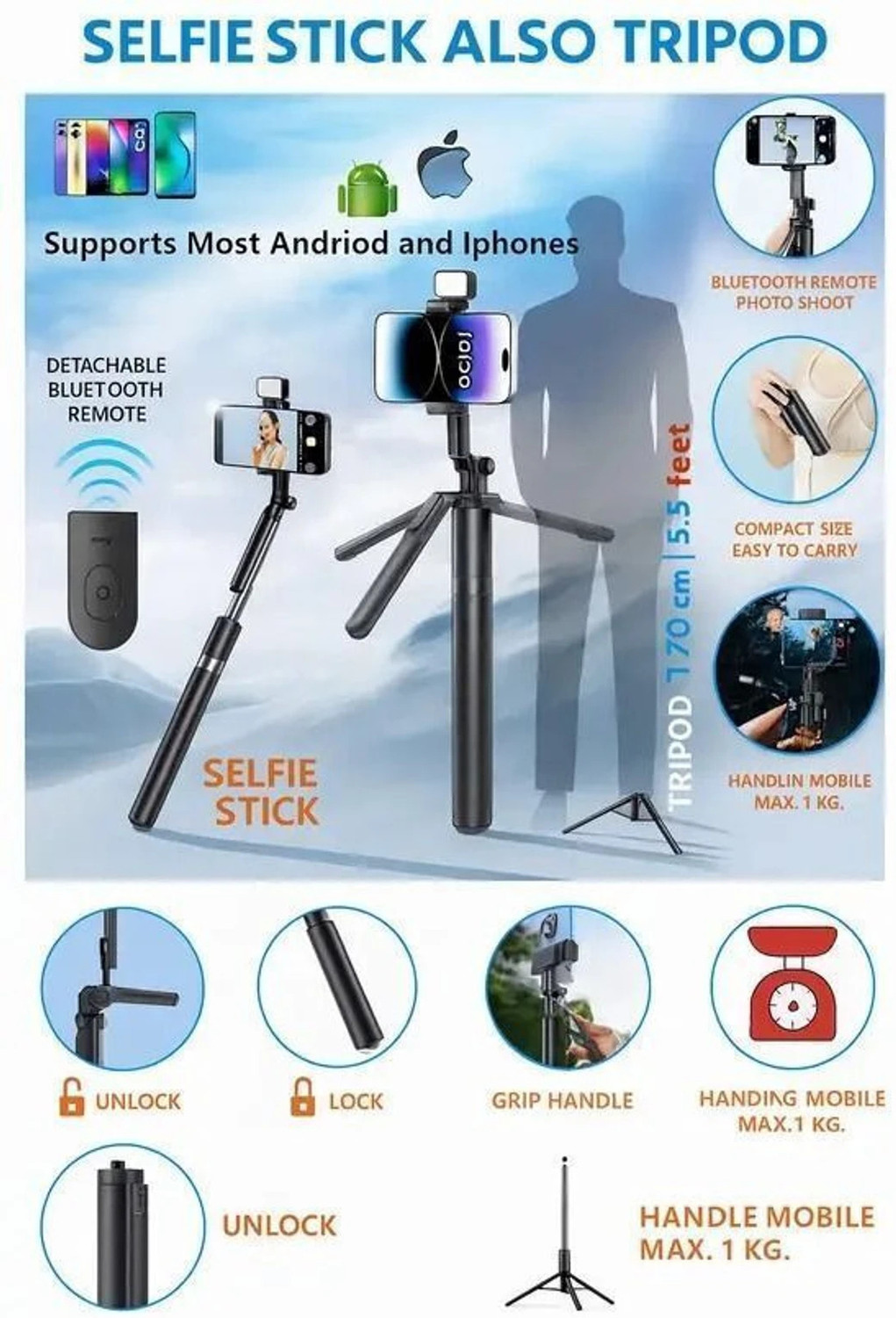 Image of Hold up 67-Inch Selfie Stick Tripod Stand with LED light, Adjustable Holder for Vlogging Tripod