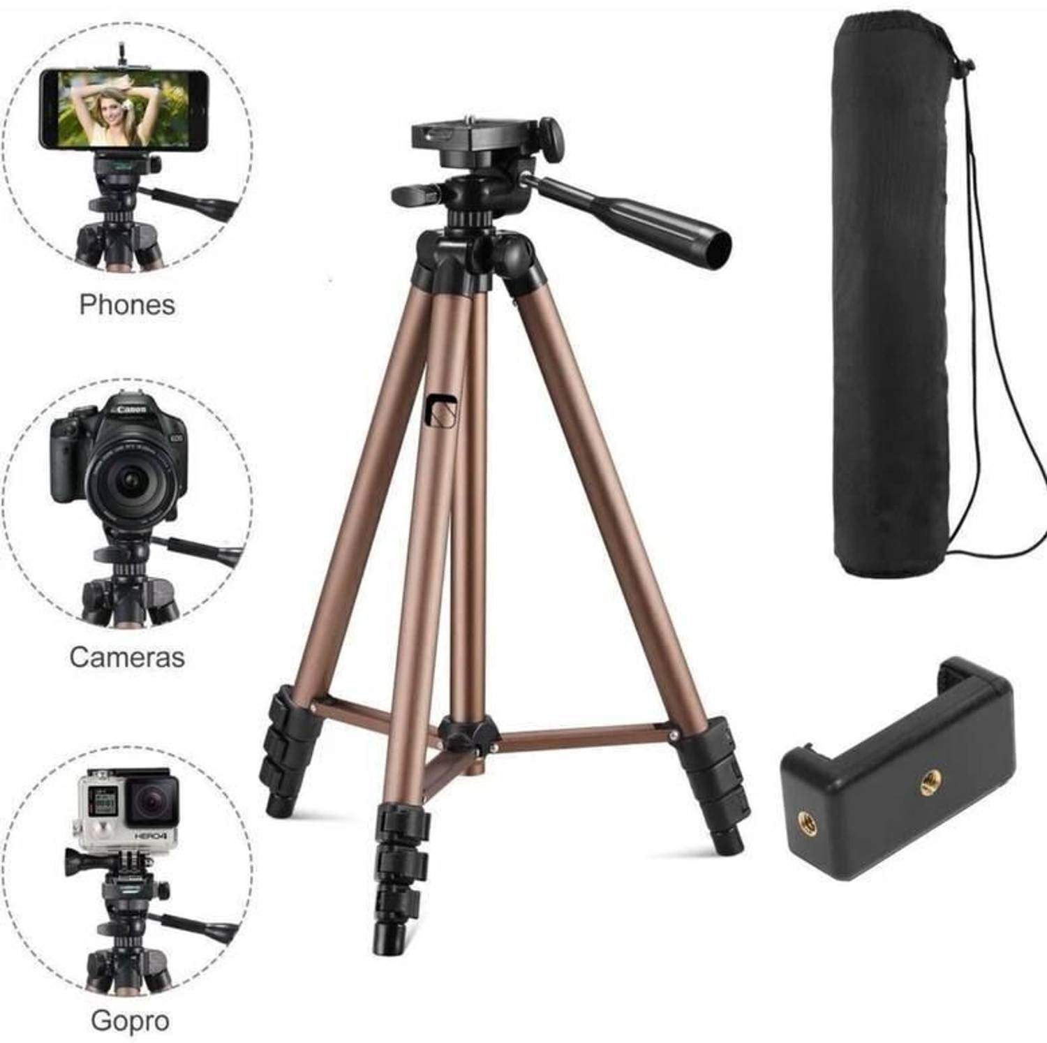 Wengonvila Adjustable Phone & Camera Tripod Stand with Carry Bag | 3 Way Head Tripod