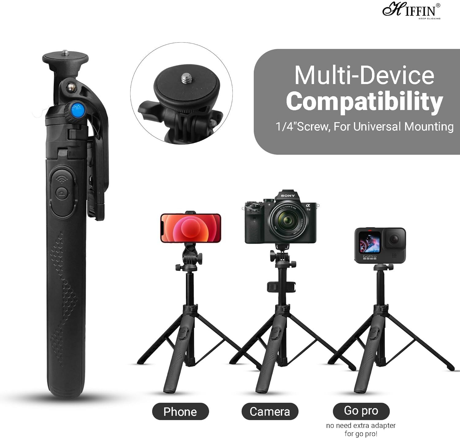 Image of Hiffin HST-61 1.6Meter Portable Long Tripod Selfie Stick with Wireless Remote & 3 Legs Tripod