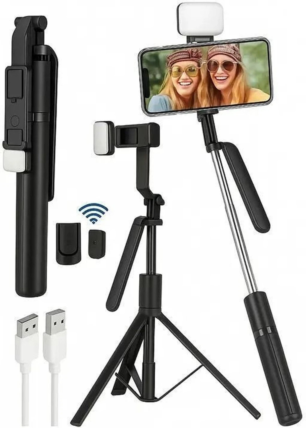 Image of Hold up 67-Inch Selfie Stick Tripod Stand with LED light, Adjustable Holder for Vlogging Tripod