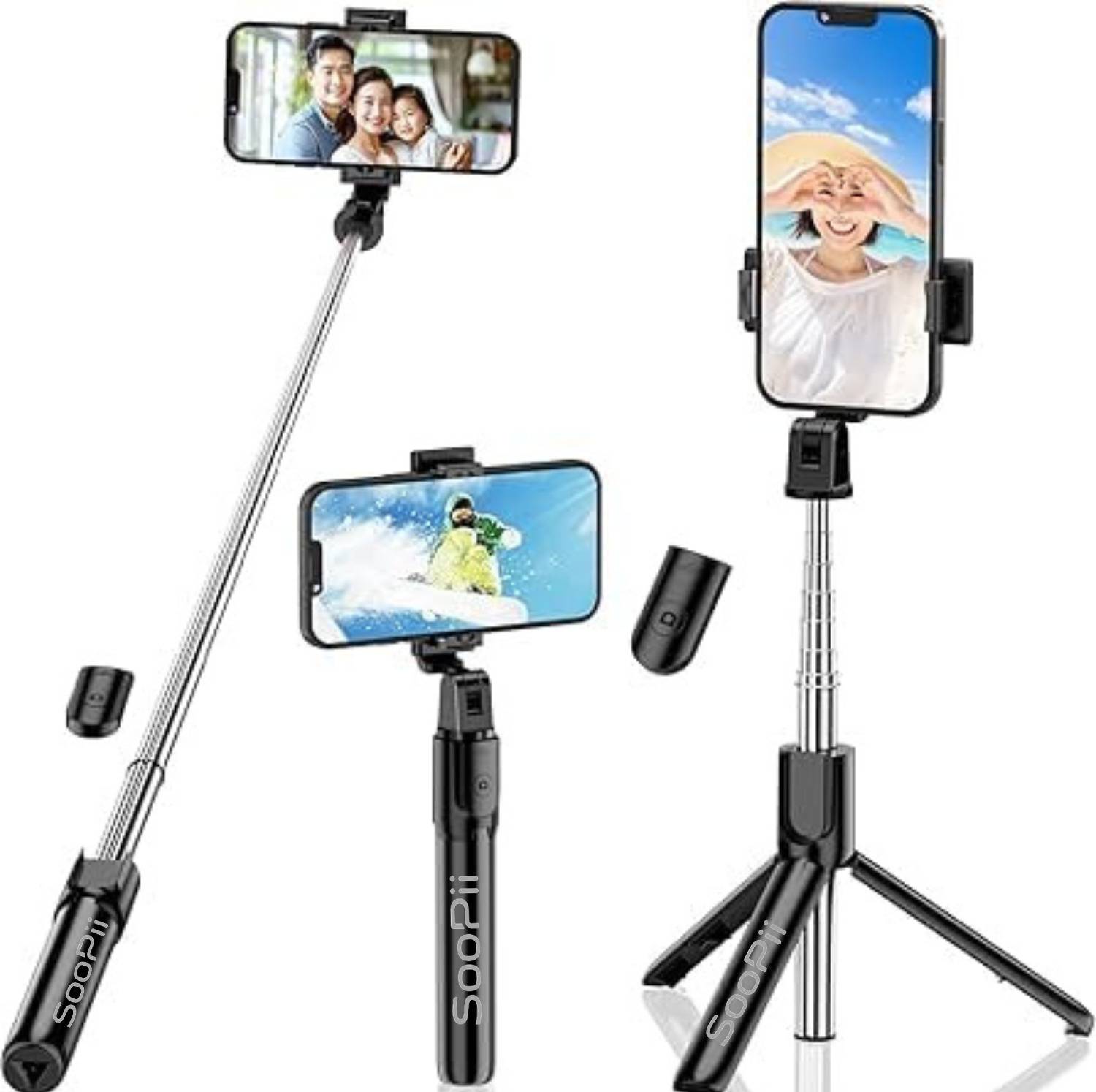 Soopii 3-in-1 Selfie Stick, BT Remote, Foldable Tripod, 70cm Extendable Stand R1 Holder Tripod